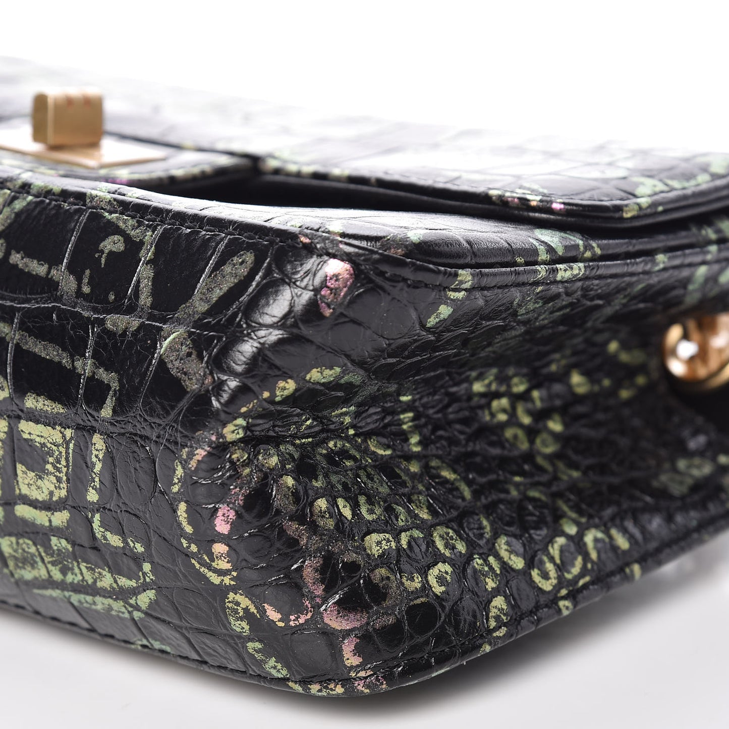 Calfskin Crocodile Embossed Graffiti 2.55 Mini Cocodile Reissue Flap Black Pink