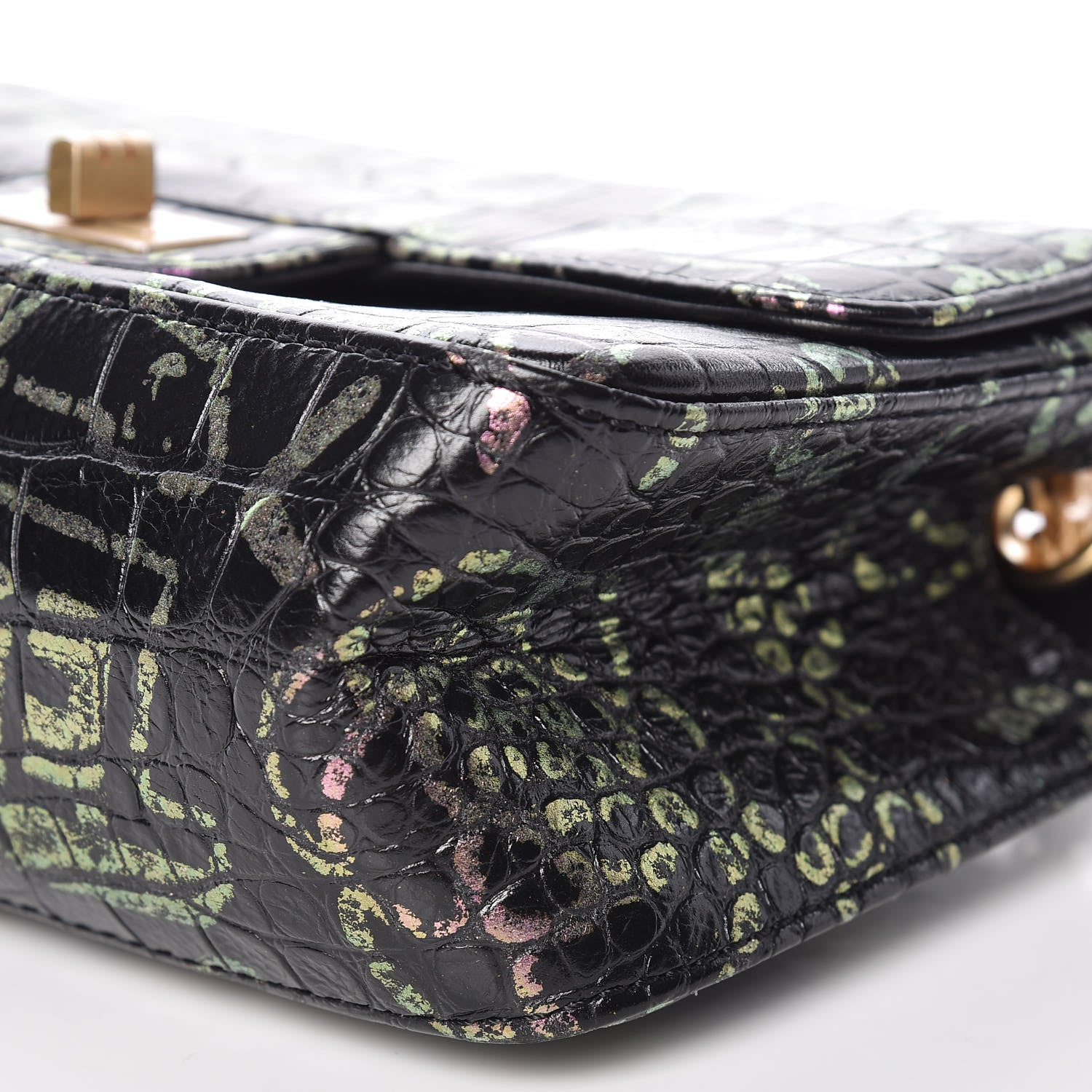 Chanel Calfskin Crocodile Embossed Graffiti 2.55 Mini Cocodile Reissue Flap Black Pink 11 of 13