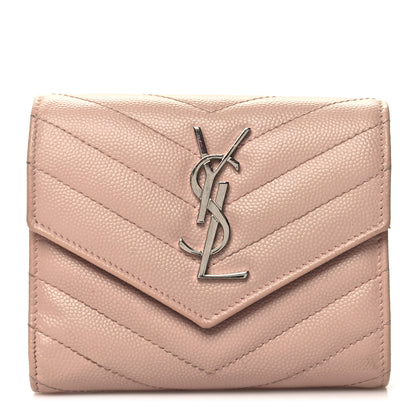 Saint Laurent Grain De Poudre Matelasse Chevron Monogram Compact Tri Fold Wallet Pale Pink 1 of 9