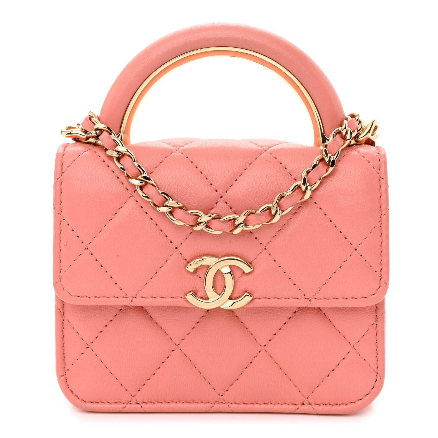 Chanel Lambskin Quilted Top Handle Flap Clutch With Chain Pink 1 of 11