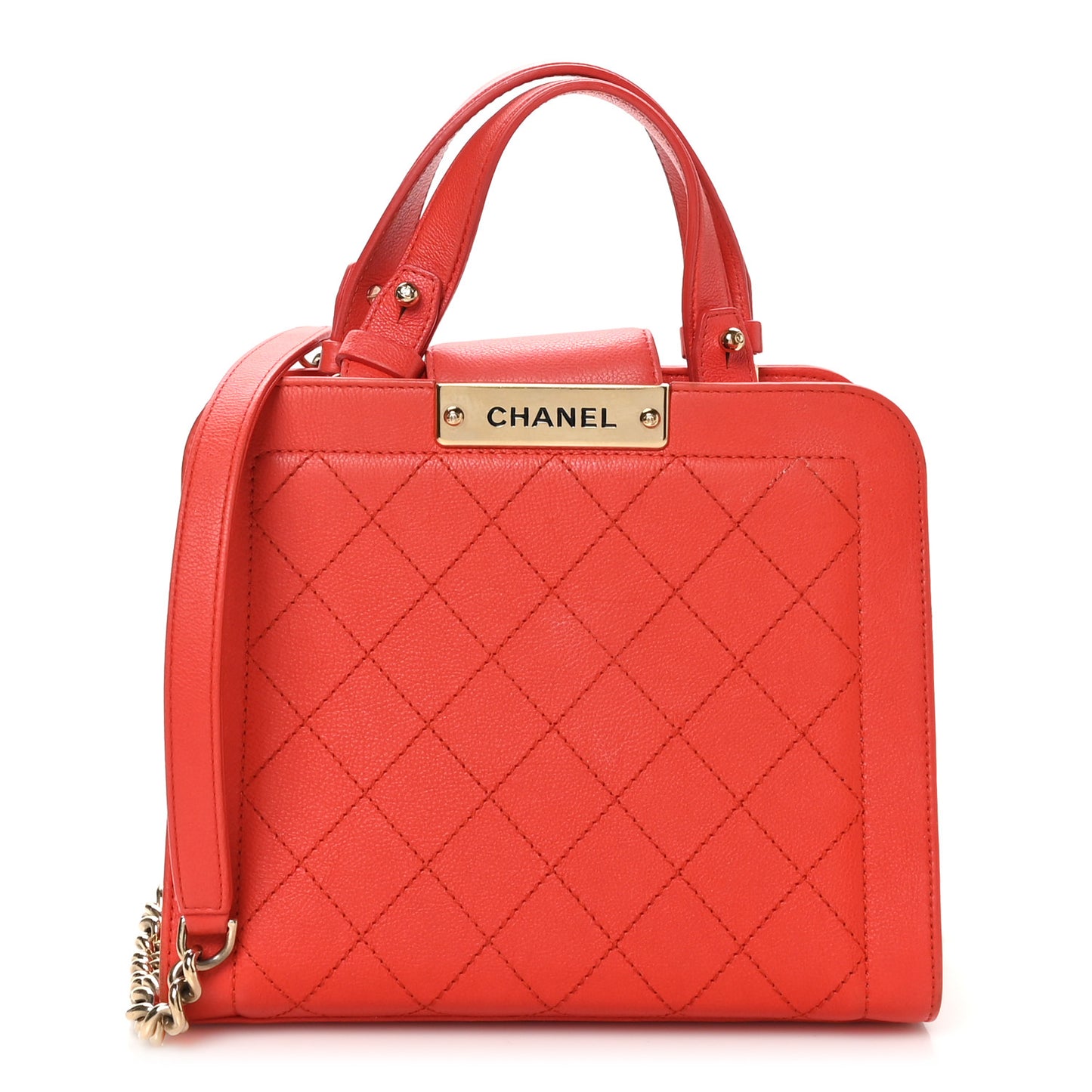 Grained Calfskin Stitched Small Label Click Shopper Tote Red