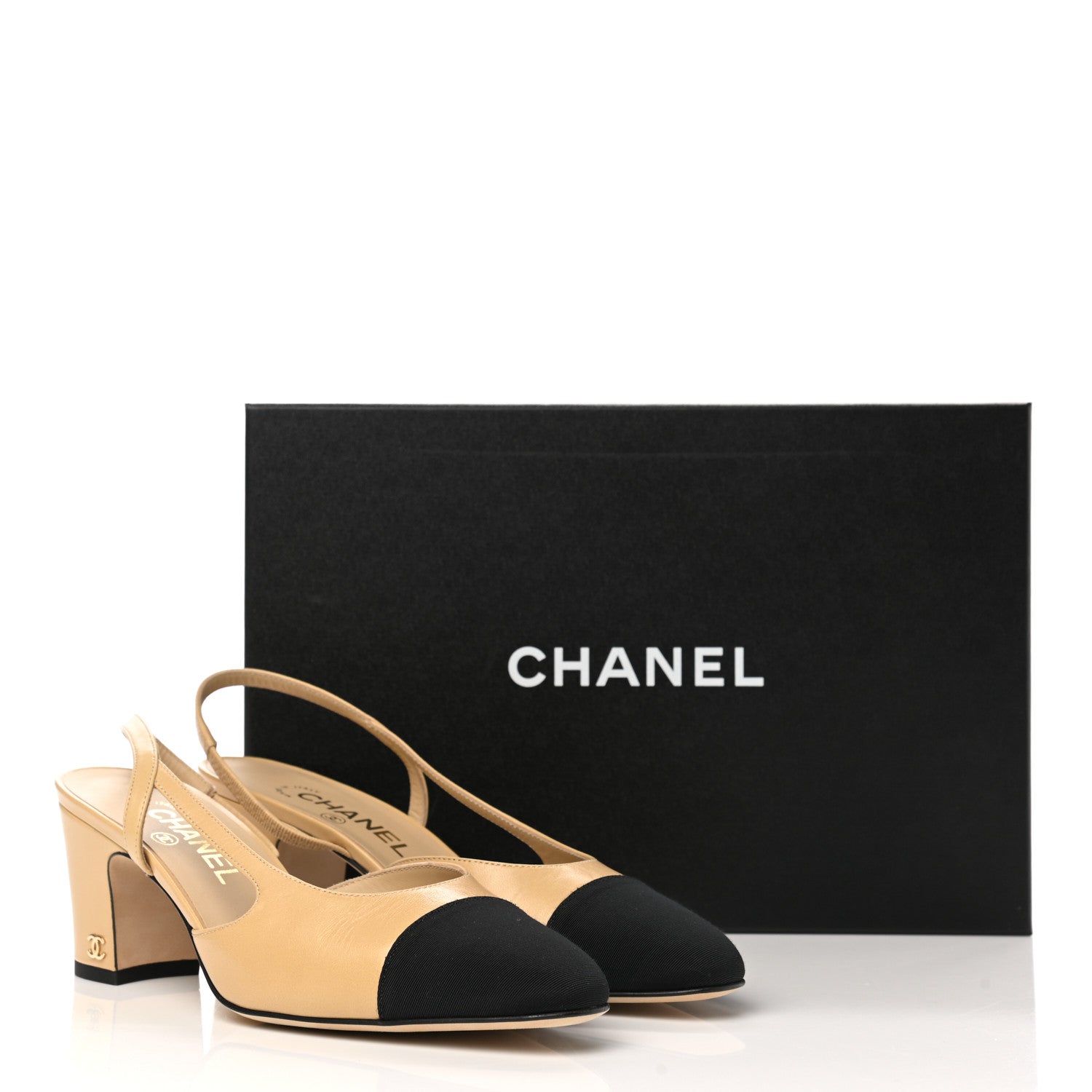 Chanel Goatskin Grosgrain Cap Toe CC Slingback Pumps 38.5 Beige Black 9 of 9
