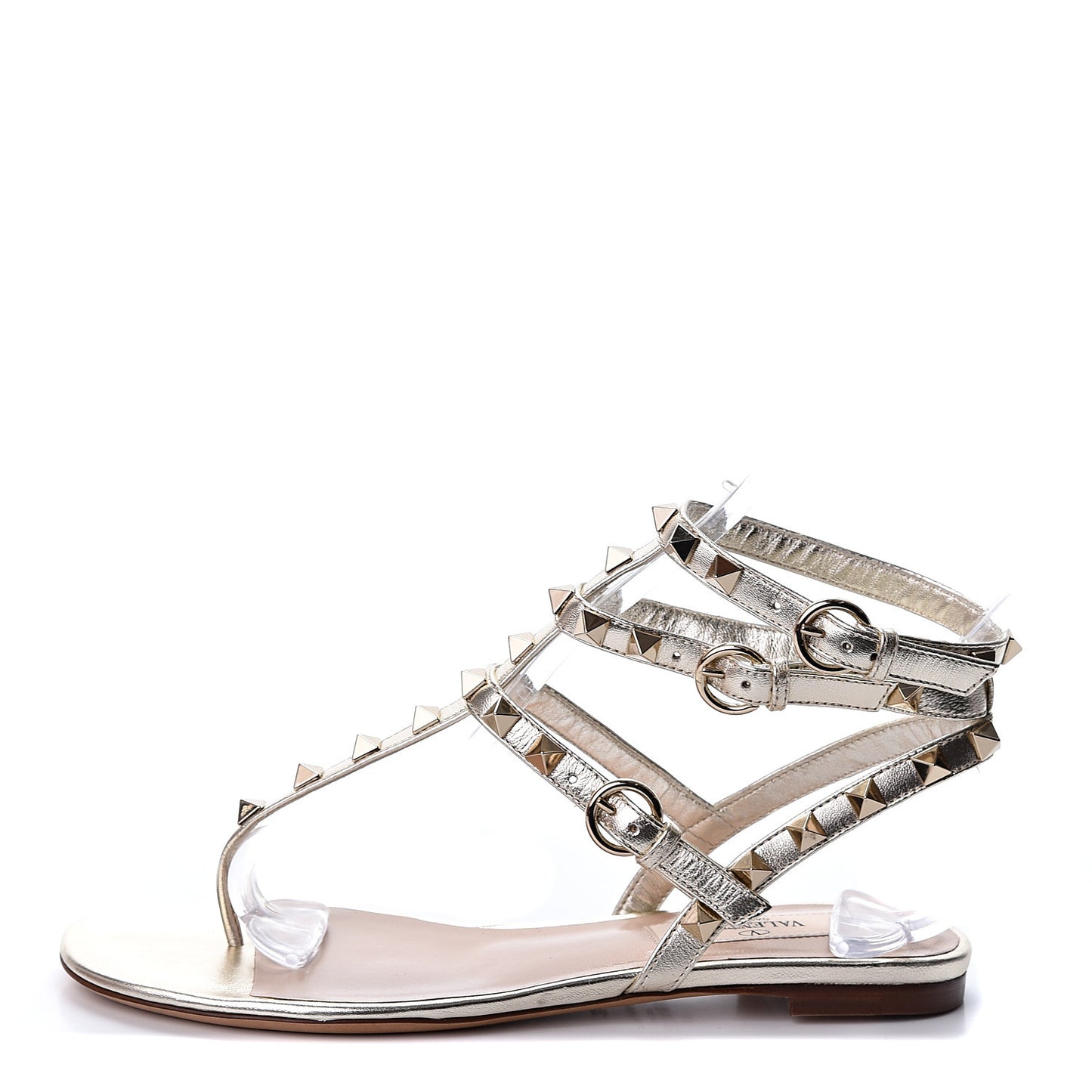 Metallic Nappa Rockstud Ankle Wrap Flat Thong Sandals 35 Platino