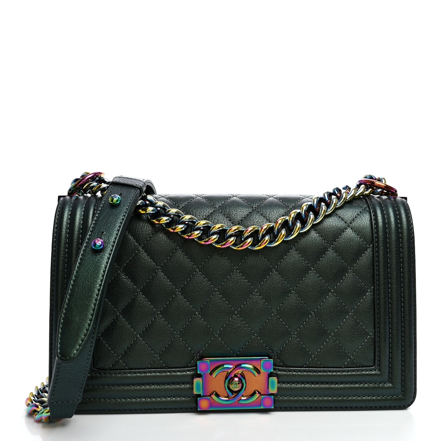 Chanel Iridescent Goatskin Quilted Medium Boy Flap Green 1 of 11
