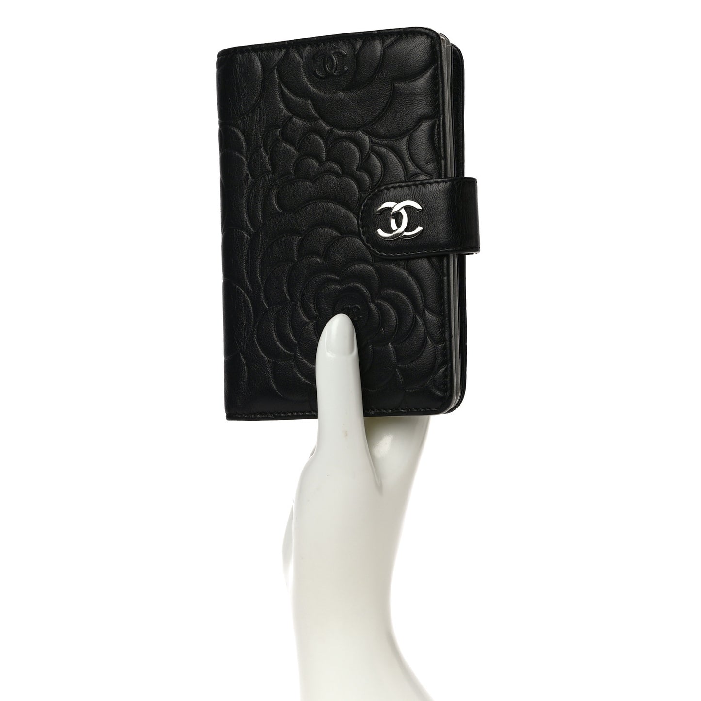 Lambskin Camellia Embossed Zipped Pocket Wallet Black