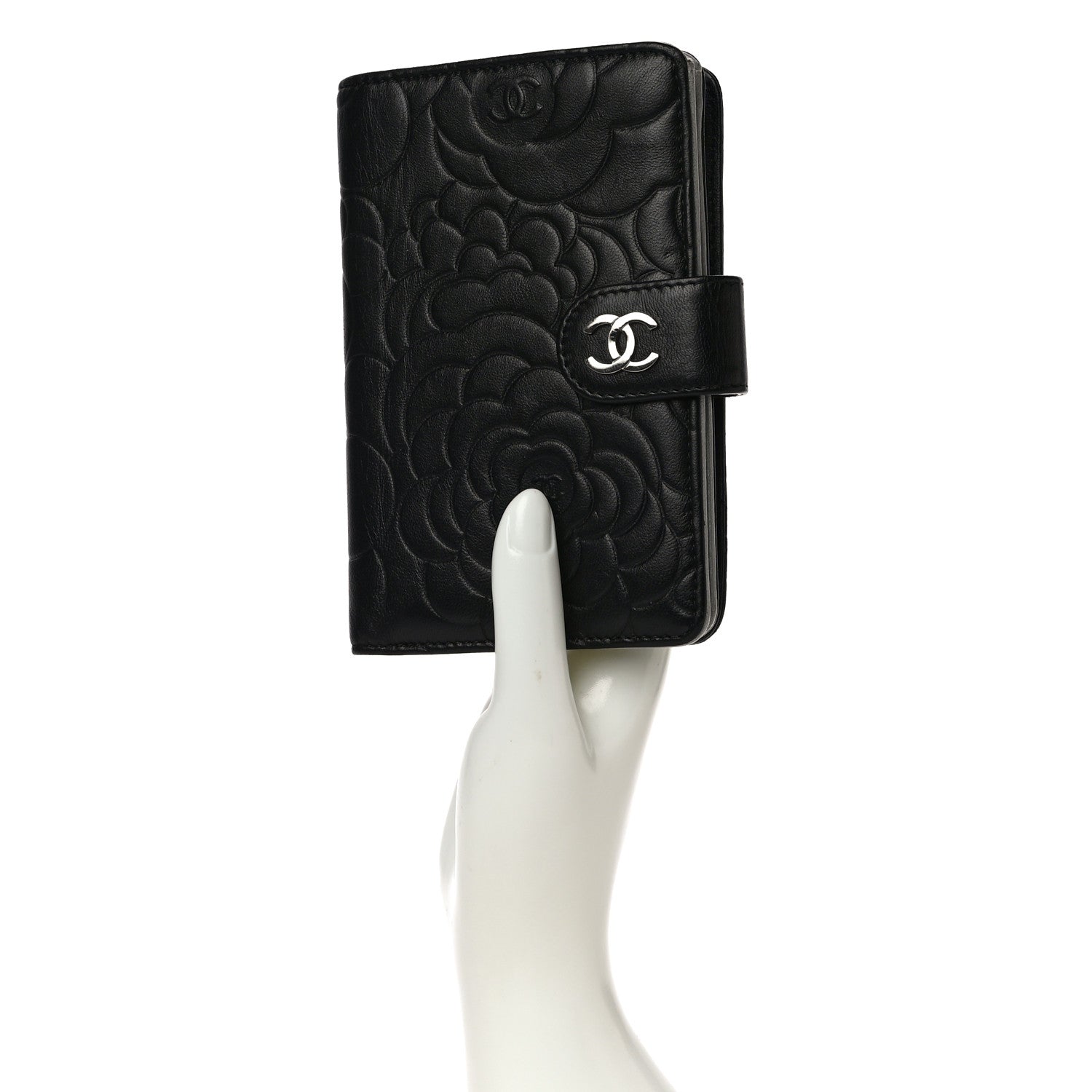 Chanel Lambskin Camellia Embossed Zipped Pocket Wallet Black 2 of 20