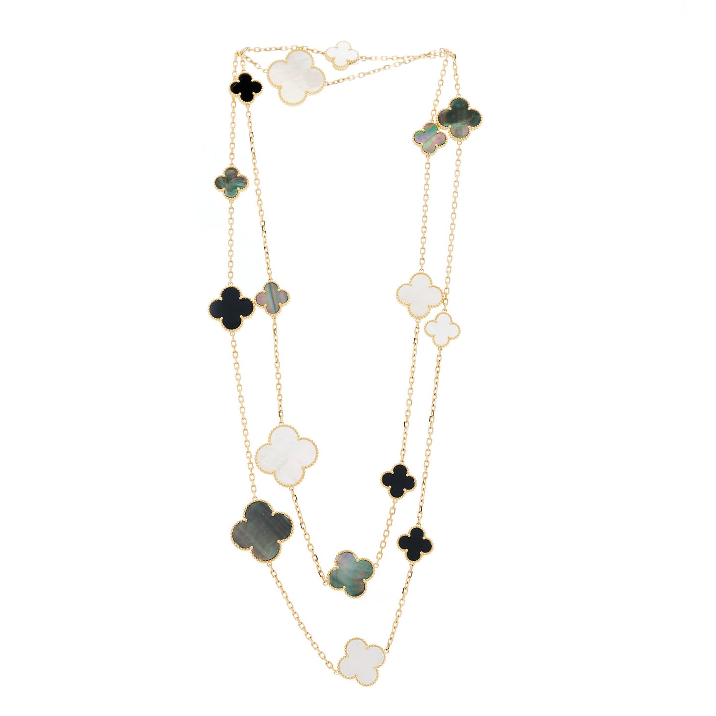 18K Yellow Gold Onyx Mother of Pearl 16 Motifs Magic Alhambra Necklace