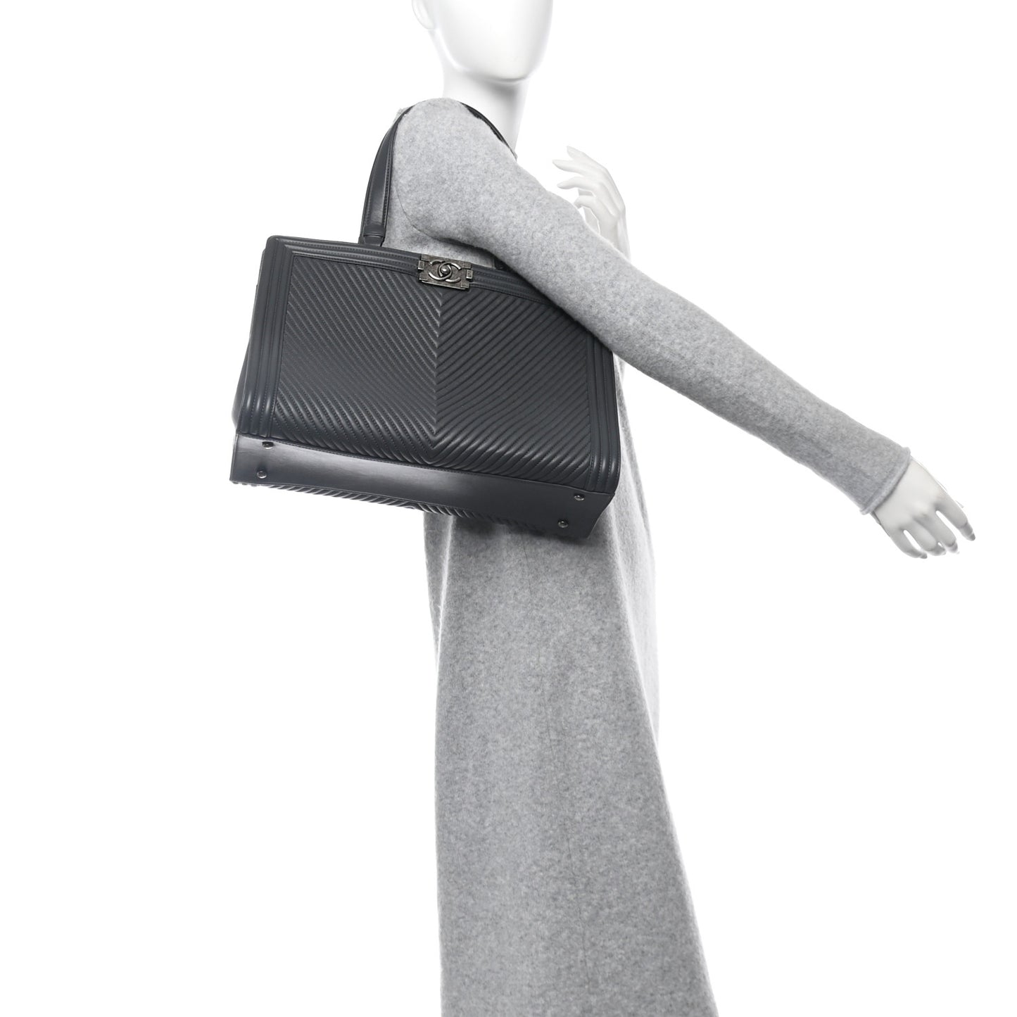 Calfskin Chevron Quilted Boy Shopping Tote Grey