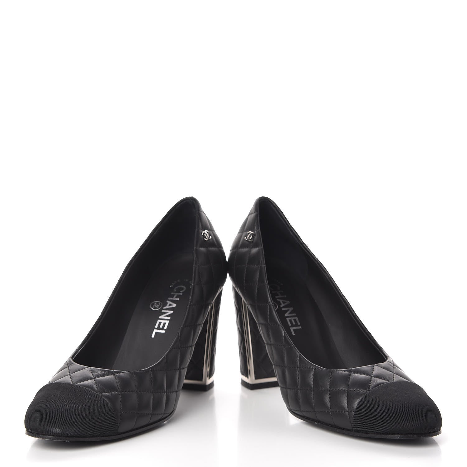 Chanel Lambskin Grosgrain Quilted Cap Toe CC Pumps 39 Black 6 of 15