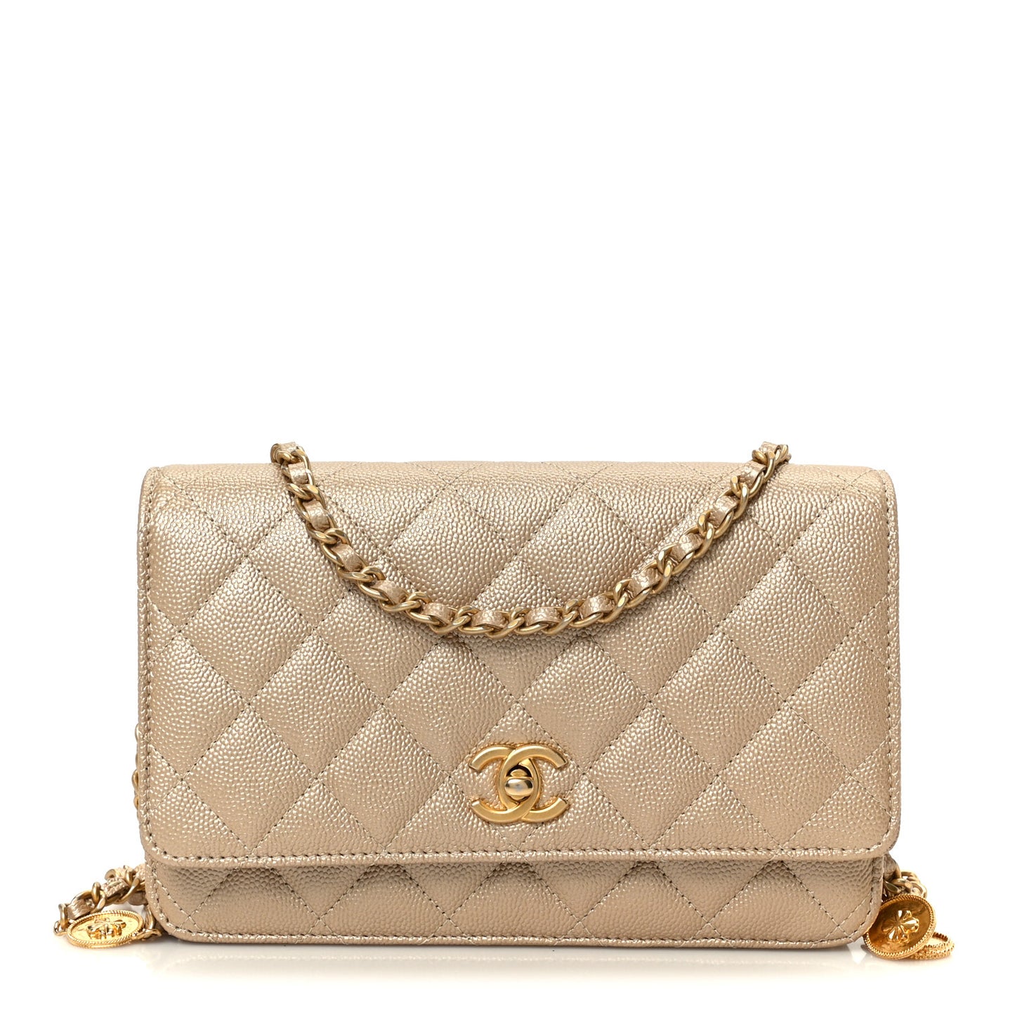 Metallic Caviar Quilted Coin Wallet On Chain WOC Gold