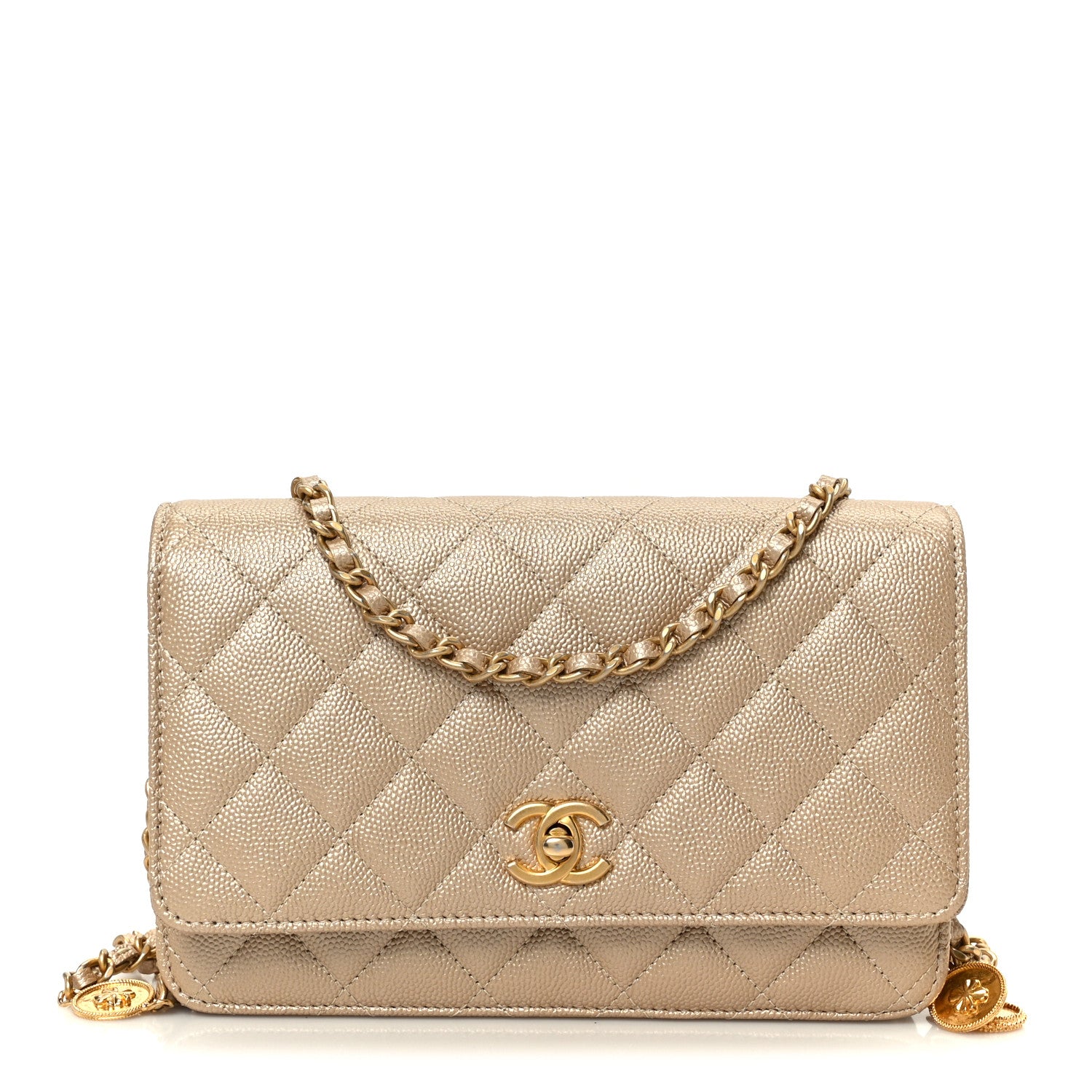 Chanel Metallic Caviar Quilted Coin Wallet On Chain WOC Gold 1 of 12