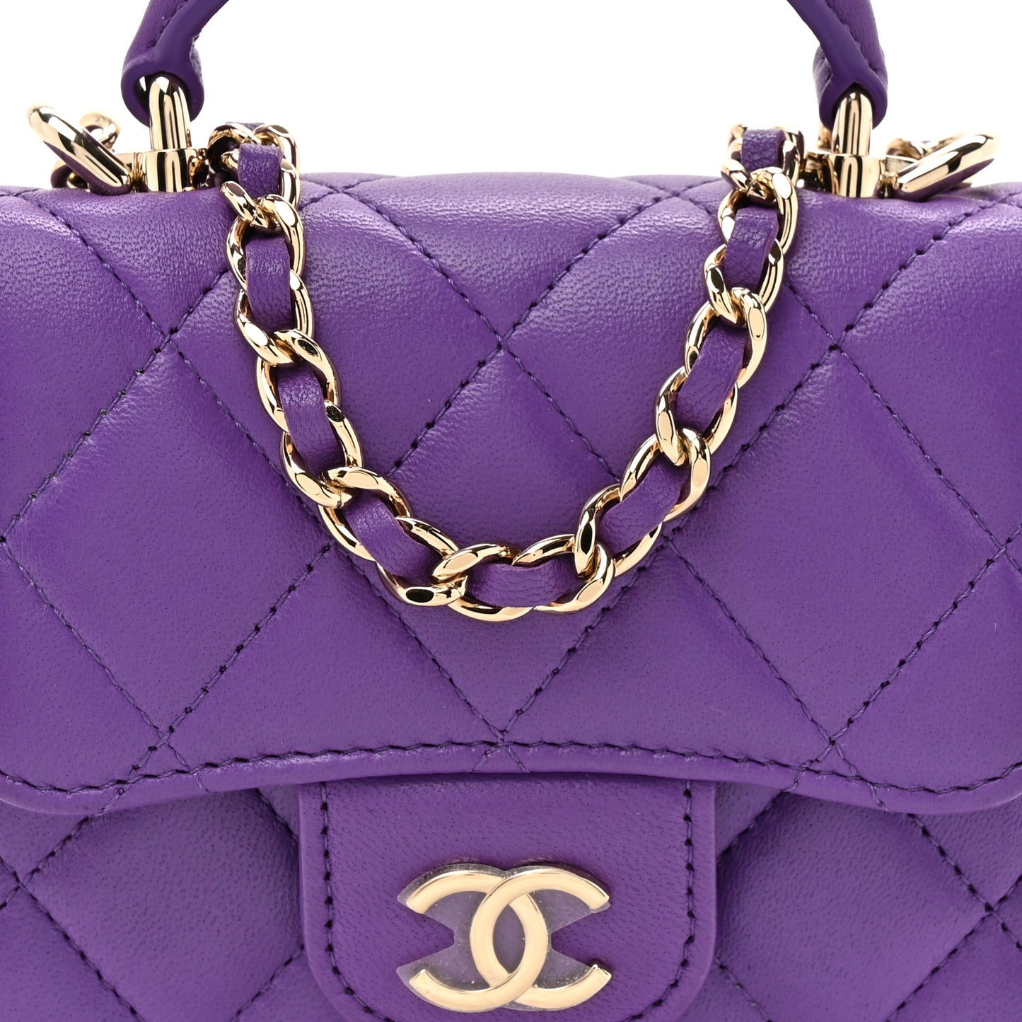 Lambskin Quilted Top Handle Flap Clutch With Chain Purple