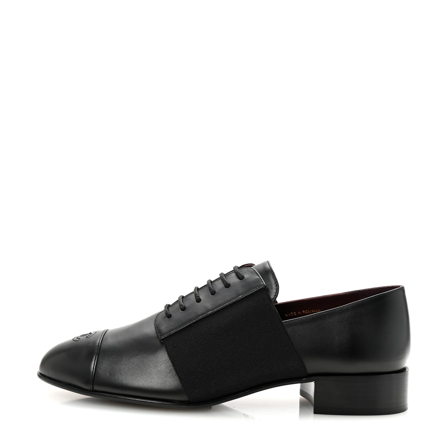 Calfskin Elastic Lace Up Cap Toe CC Loafers 40 Black