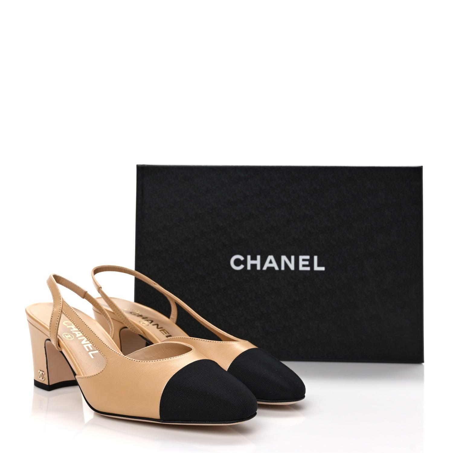 Chanel Goatskin Grosgrain Cap Toe CC Slingback Pumps 37 Beige Black 8 of 8