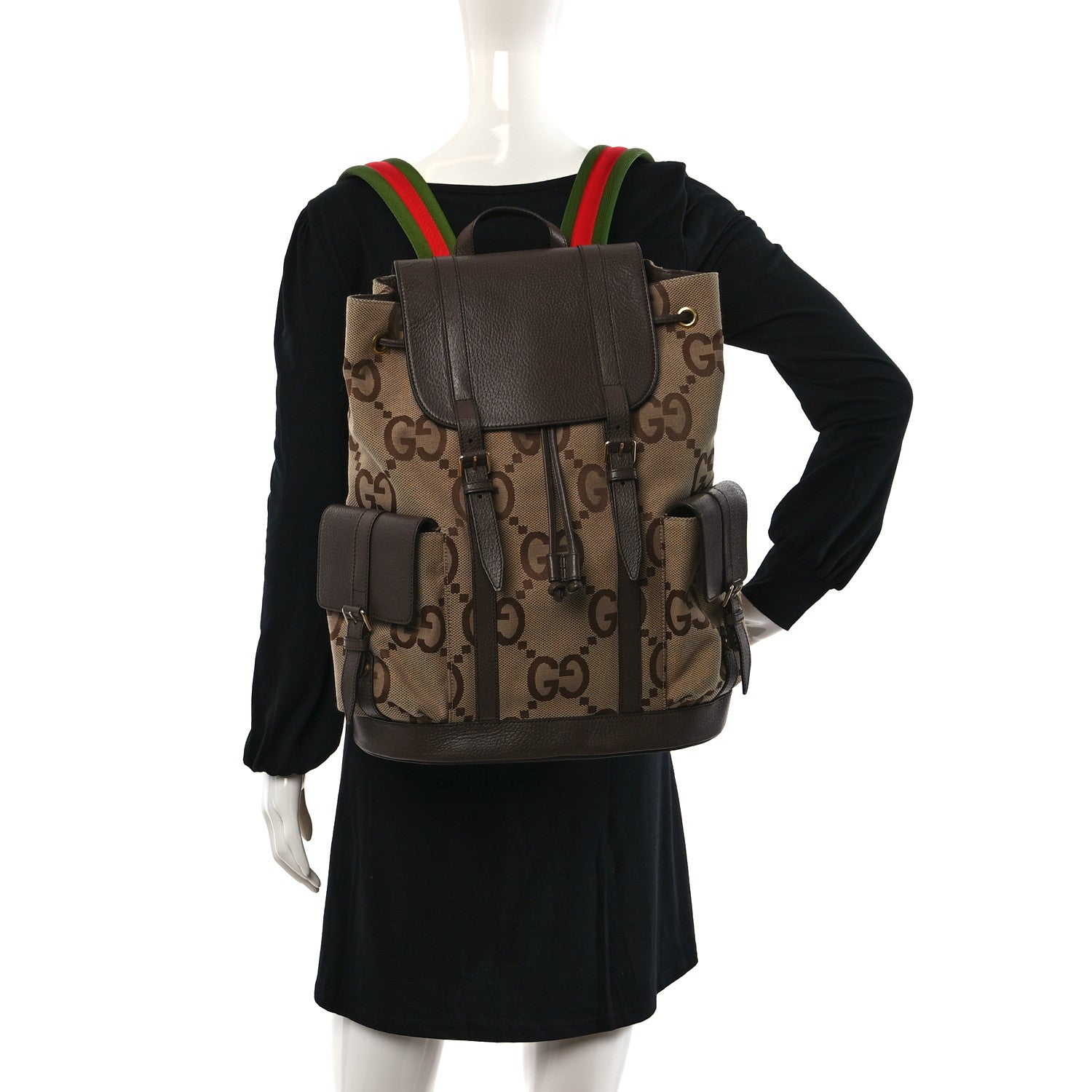 Gucci Monogram Jumbo GG Textured Dollar Calfskin Web Double Buckle Backpack Camel Ebony New Acero 2 of 8
