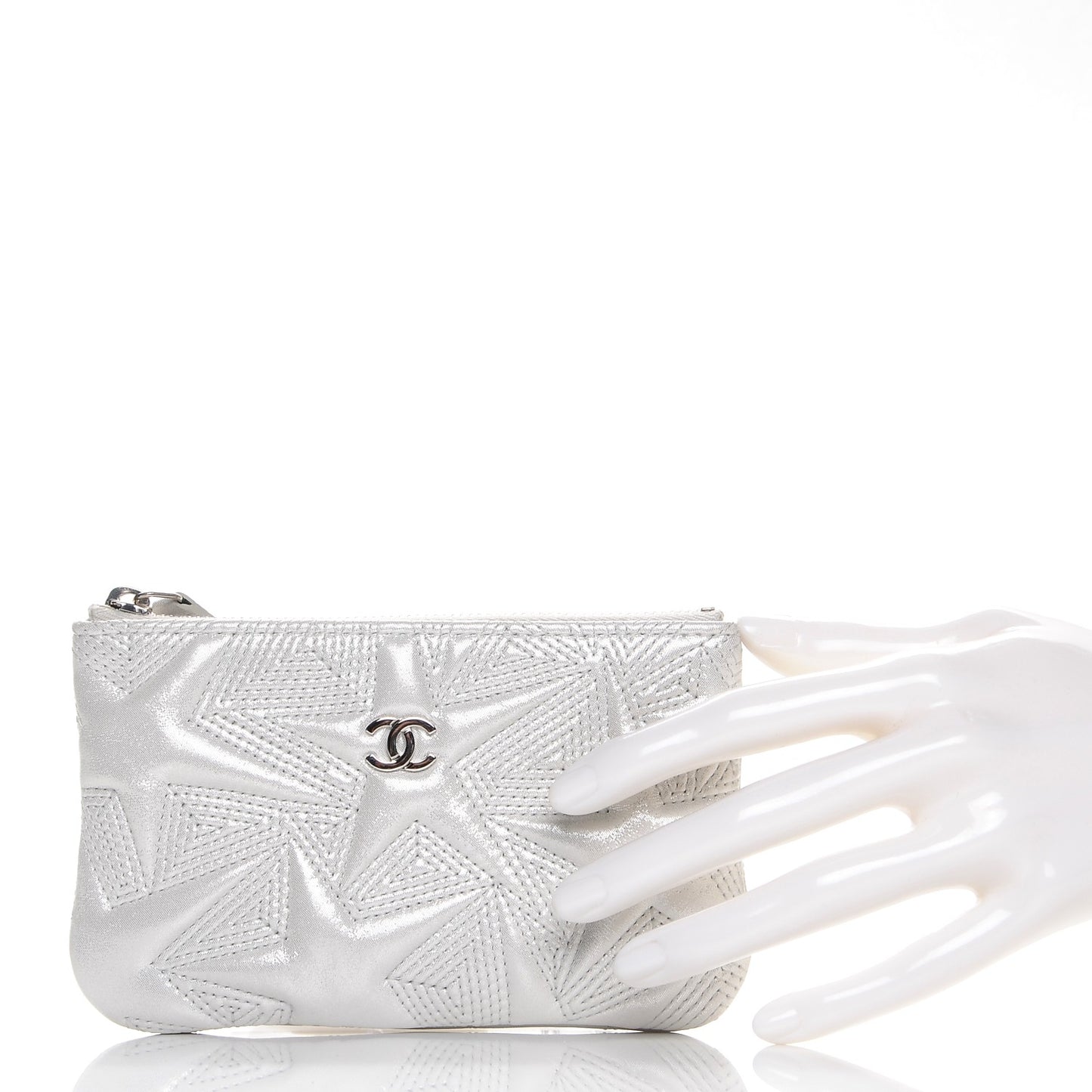 Metallic Lambskin Star Embossed Coin Purse Case Silver