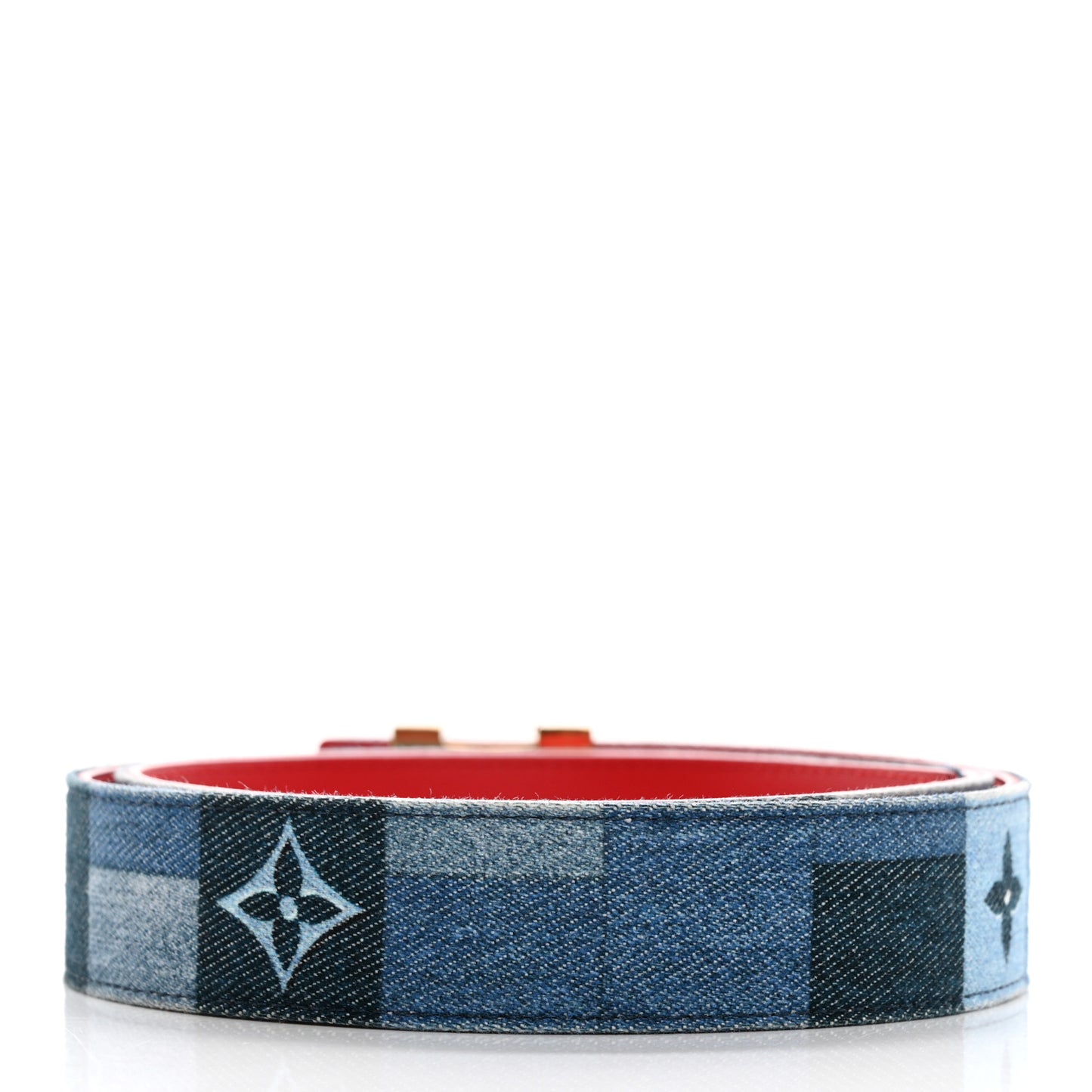 Denim Damier Monogram Patchwork 30mm Iconic Reversible Belt 80 32 Blue Rouge