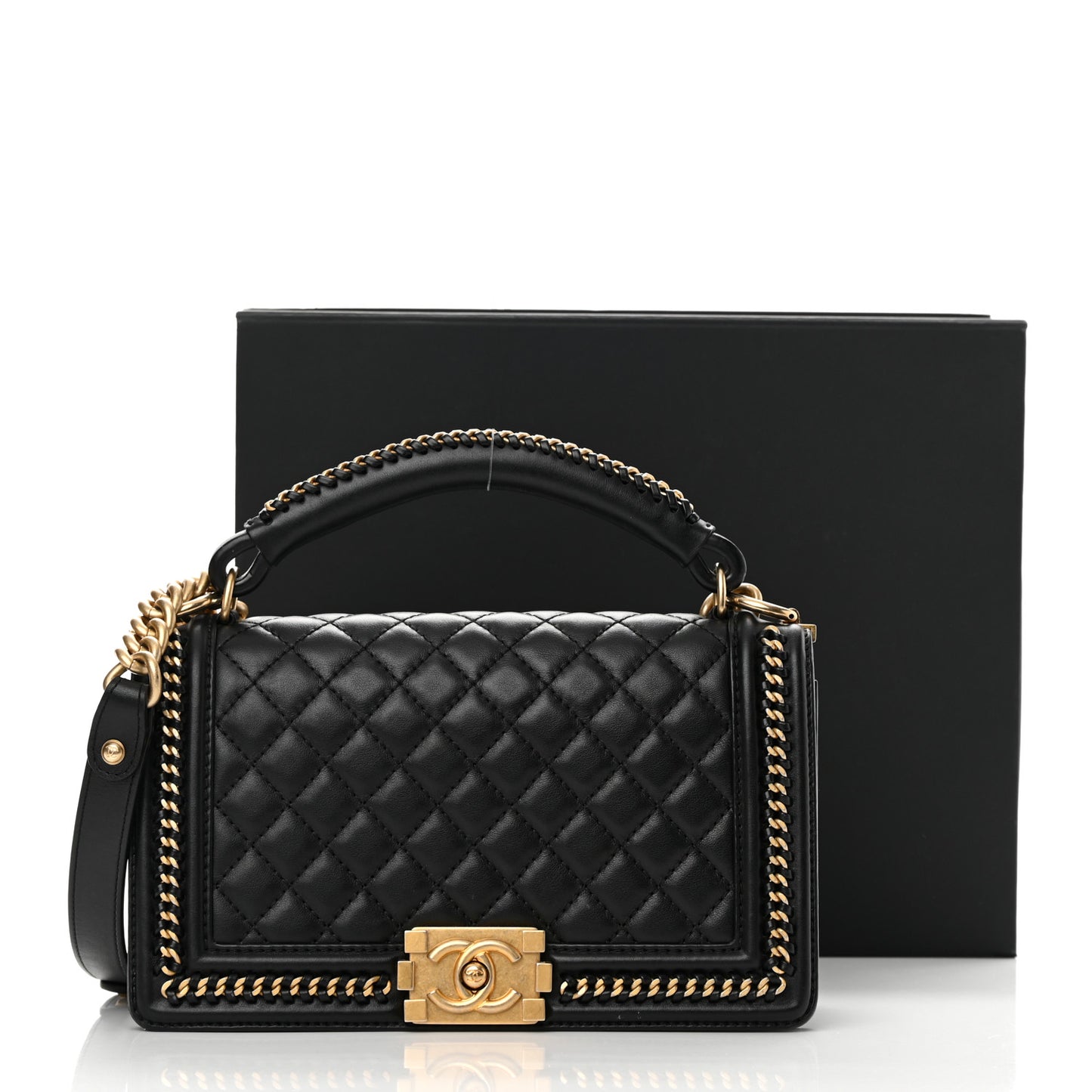 Calfskin Quilted Medium Boy Top Handle Flap Black