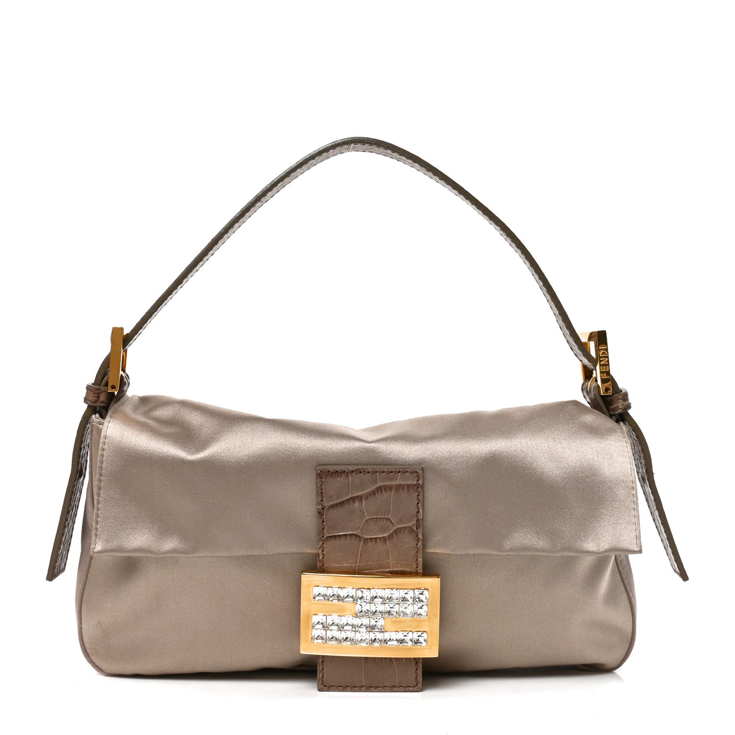 Satin Calfskin Crystal Crocodile Embossed Baguette Grey