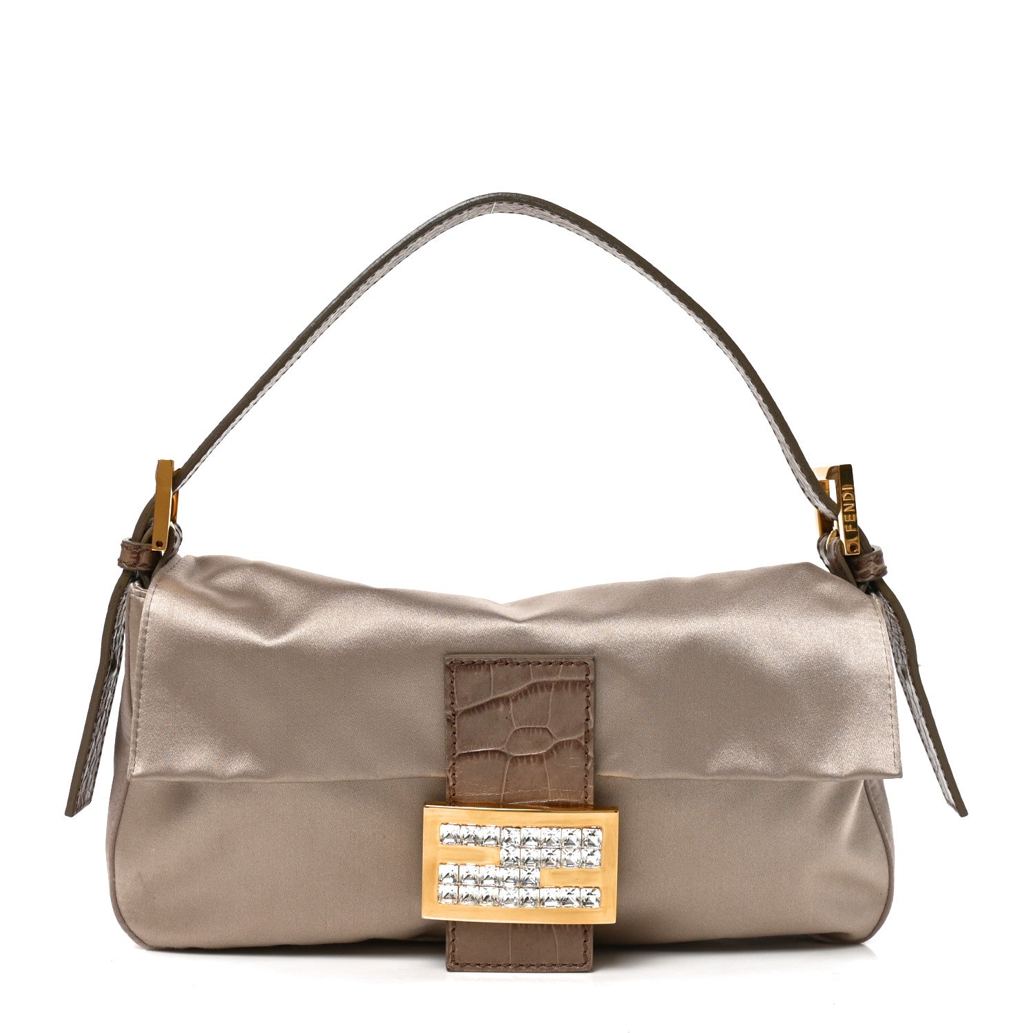 Fendi Satin Calfskin Crystal Crocodile Embossed Baguette Grey 1 of 10