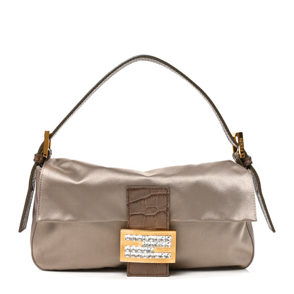Fendi Satin Calfskin Crystal Crocodile Embossed Baguette Grey 1 of 10