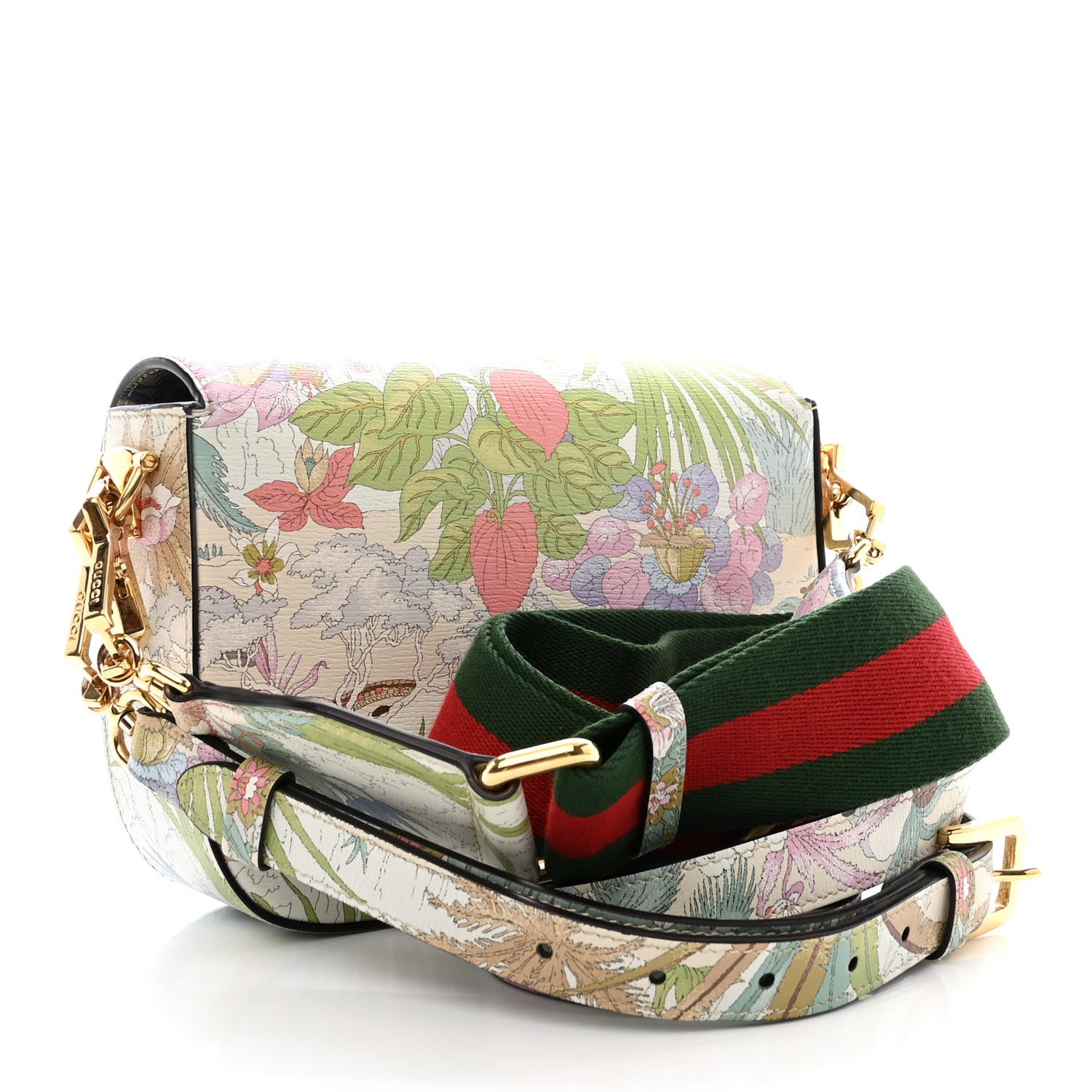 Gucci New Shangai Calfskin Tiger Savanah Web Mini Horsebit 1955 Shoulder Bag Chalky White Multicolor 3 of 10