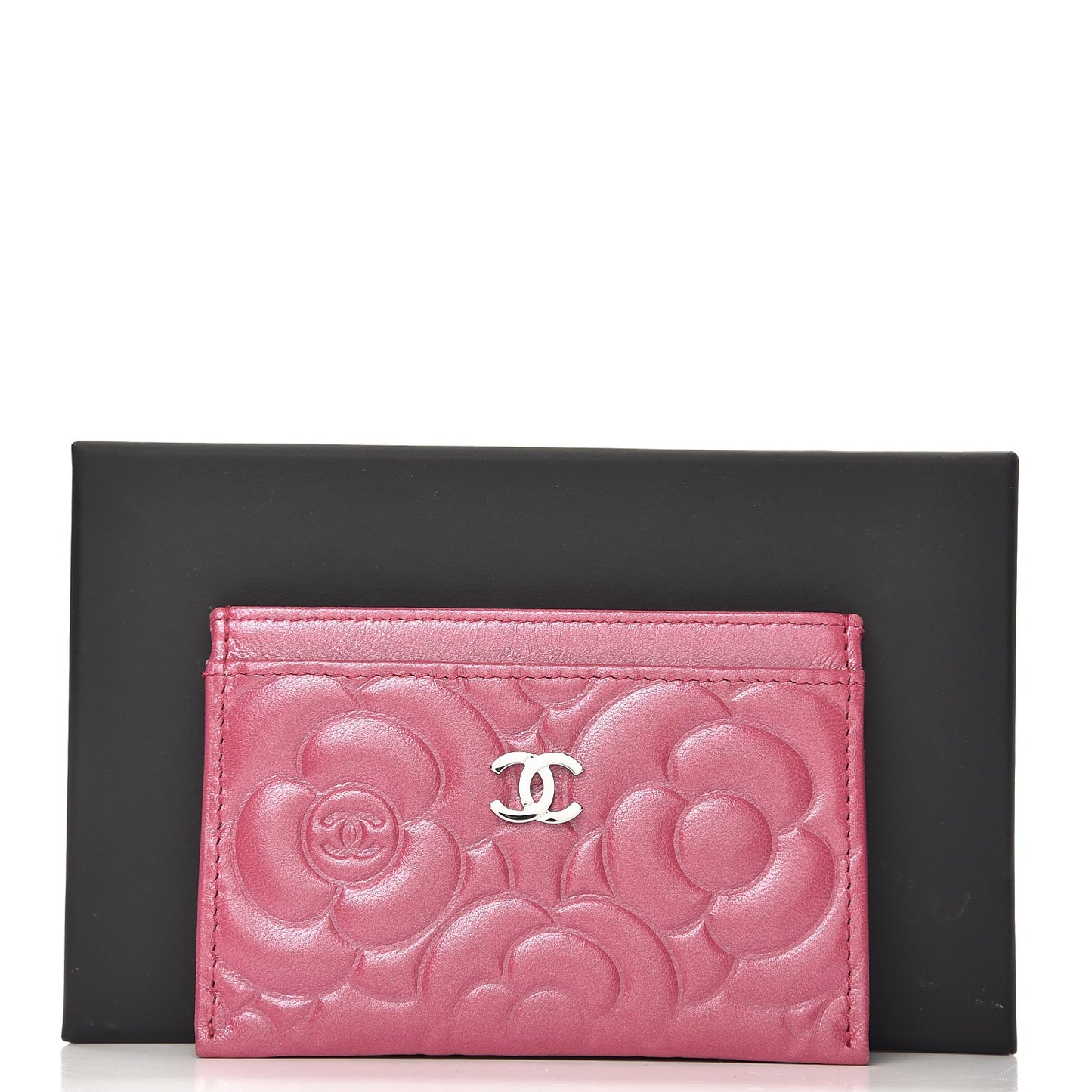 Lambskin Camellia Embossed Card Holder Fuchsia