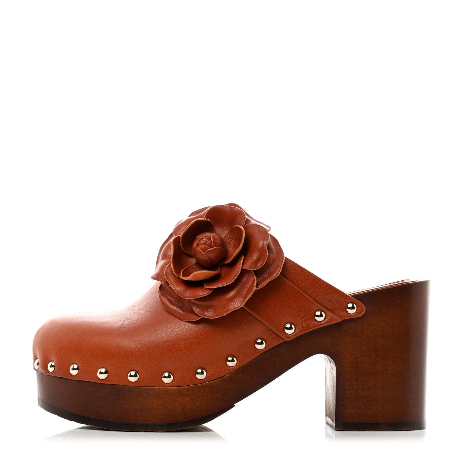 Chanel Calfskin Camellia Clogs 37 Brown 1 of 8