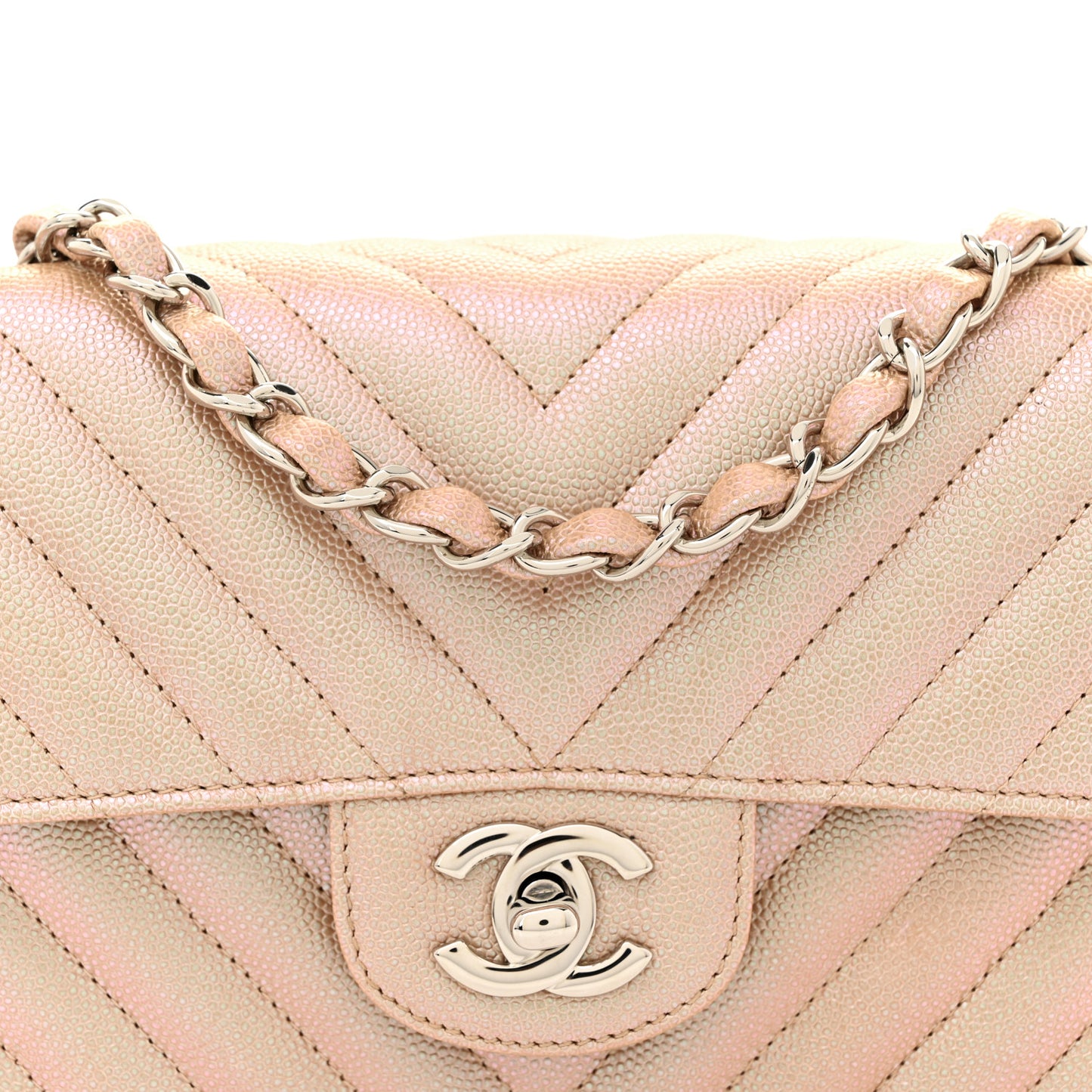 Iridescent Caviar Chevron Quilted Mini Rectangular Flap Light Gold