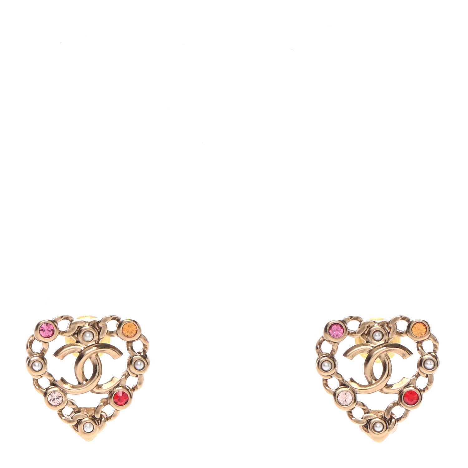 Chanel Pearl Crystal CC Heart Earrings Gold Multicolor 1 of 4