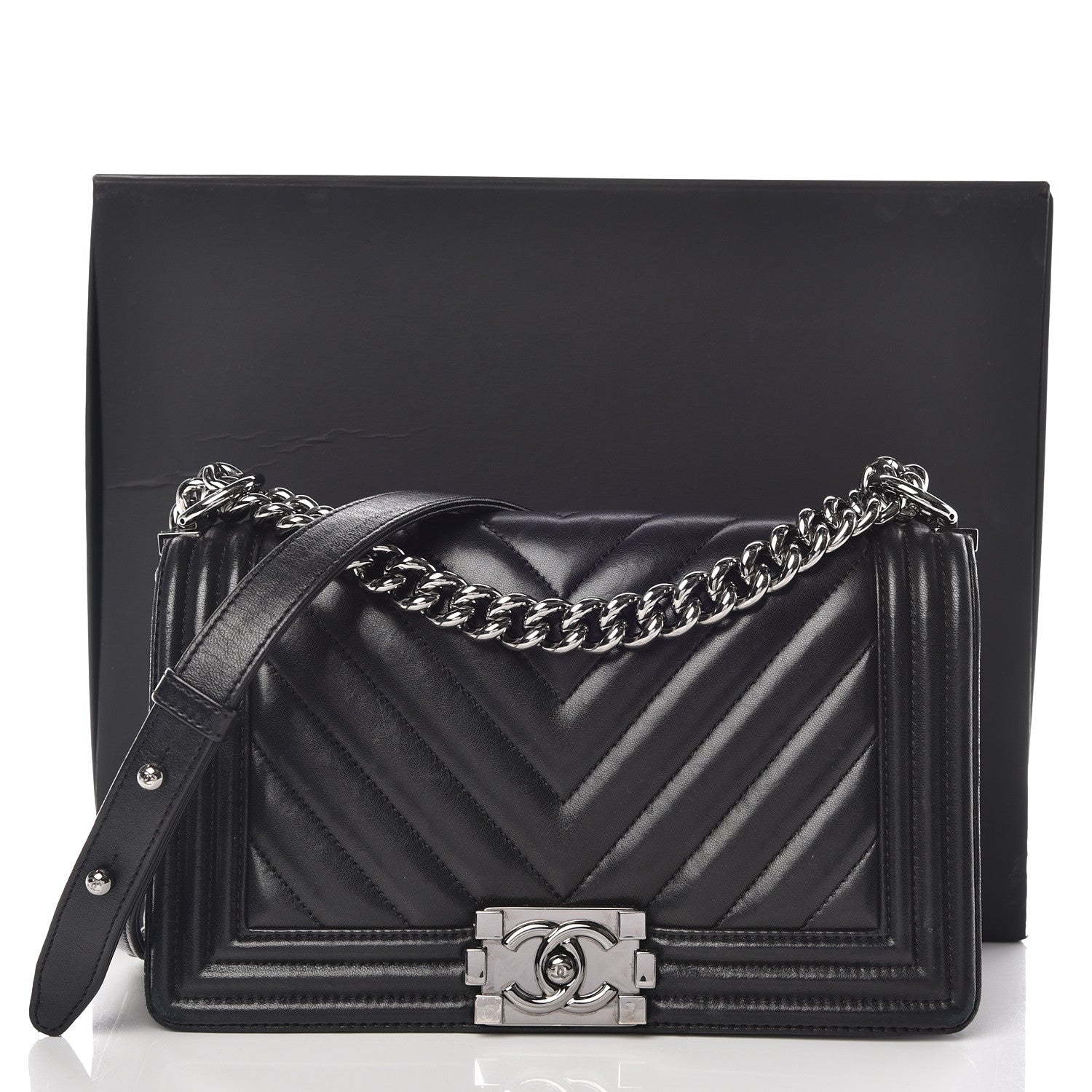Chanel Calfskin Chevron Quilted Medium Boy Flap Black 16 of 16