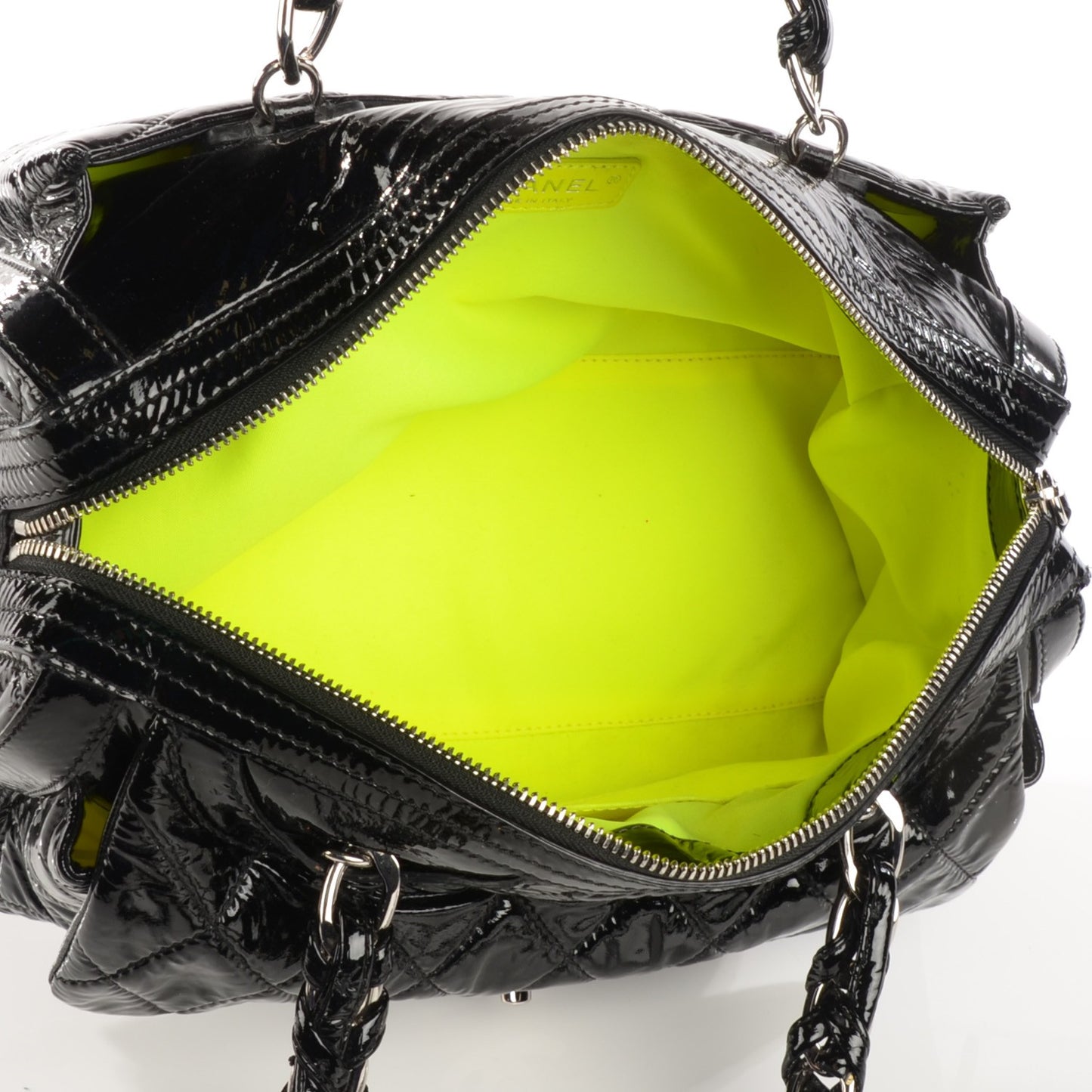 Patent Quilted Day Glo Flap Bag Black