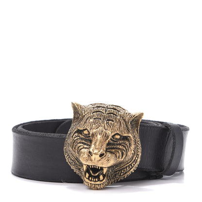 Gucci Calfskin Brass Feline Buckle Belt 85 34 Black 1 of 7