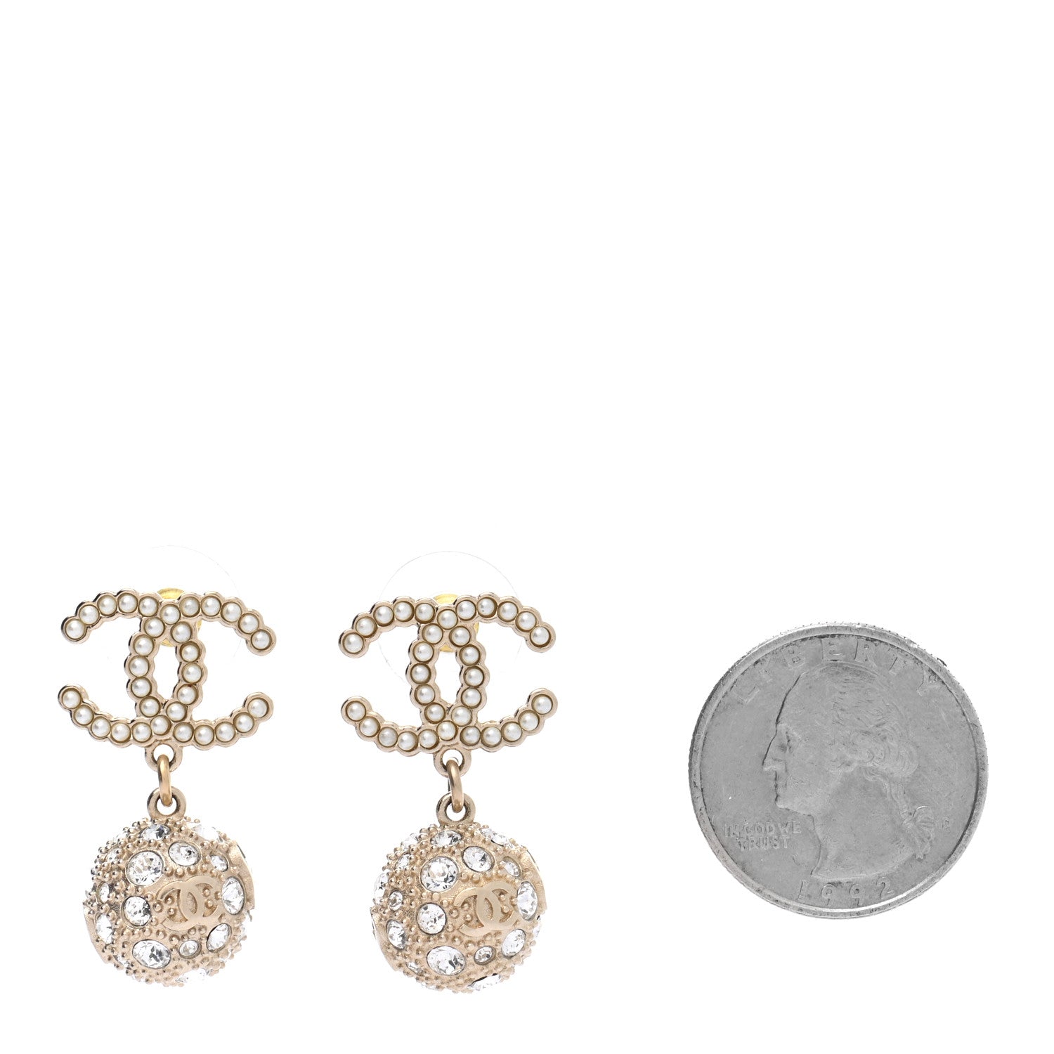 Chanel Crystal Pearl CC Drop Earrings Gold Pearly White 2 of 5