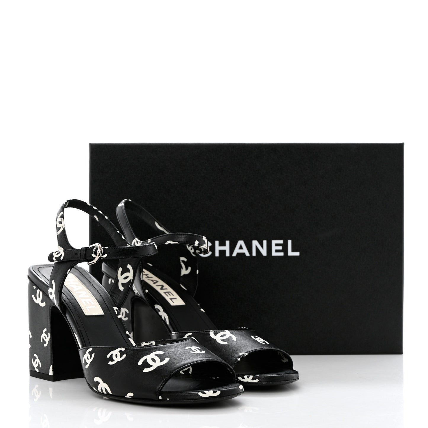 Printed Lambskin CC Sandals 39.5 Black White