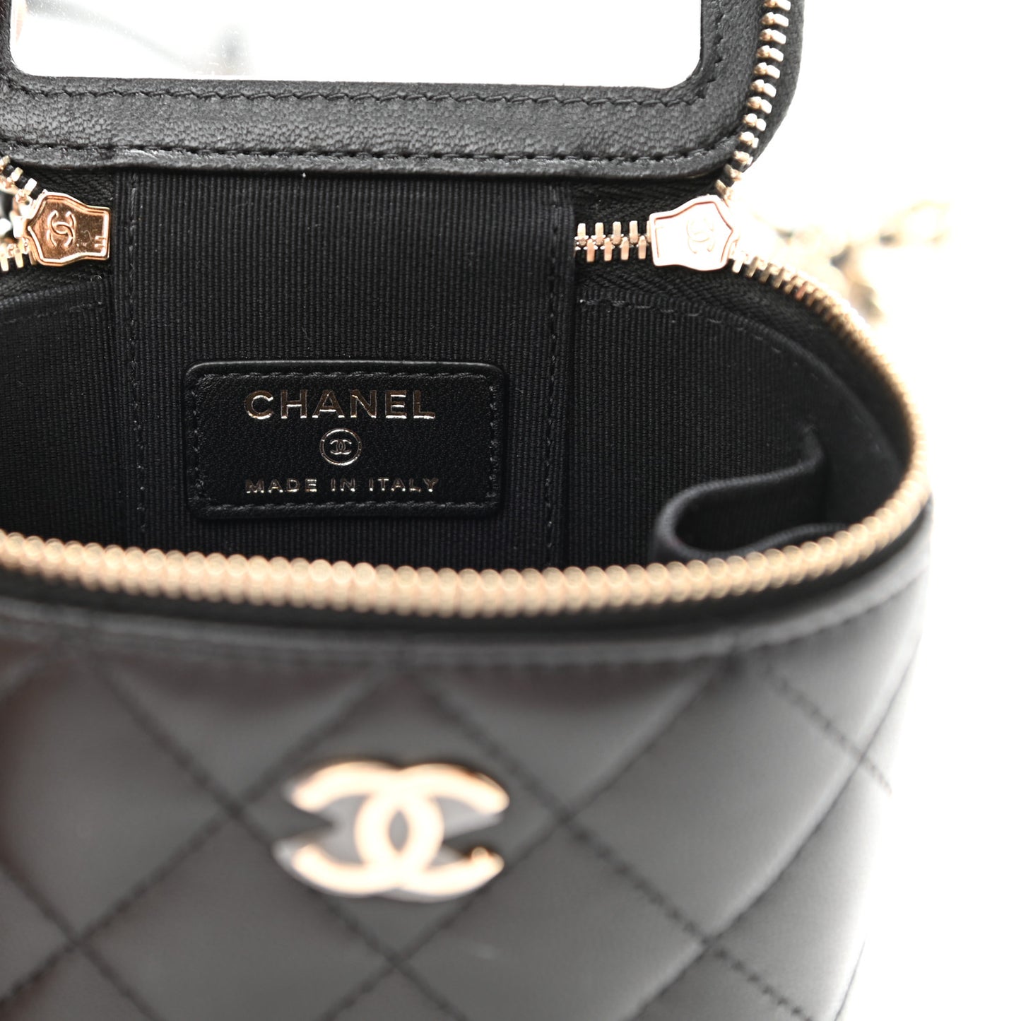 Lambskin Quilted Top Handle Mini Vanity Case With Chain Black