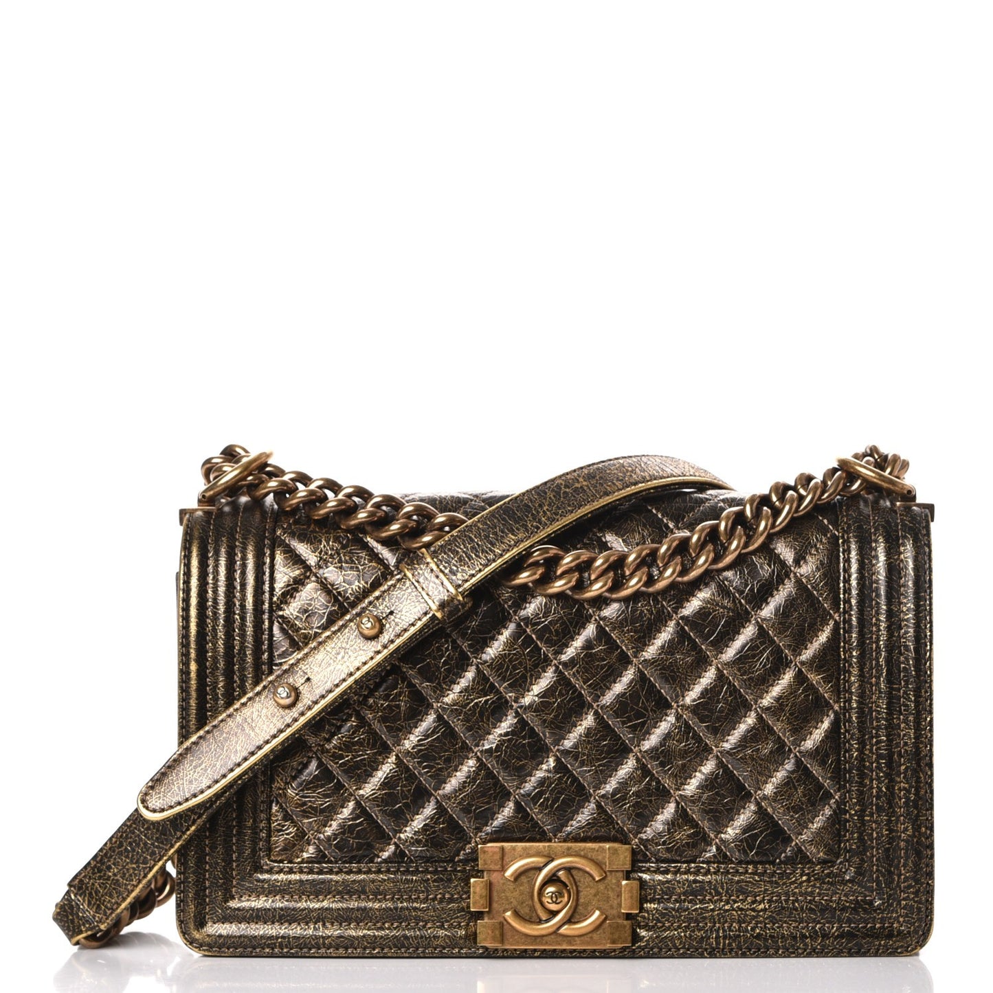 Metallic Calfskin Quilted Medium Boy Flap Gold
