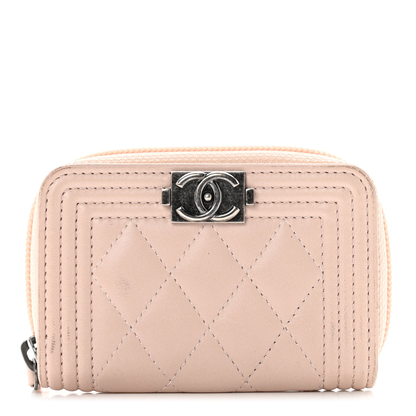Lambskin Quilted Boy Zip Around Coin Purse Wallet Light Pink
