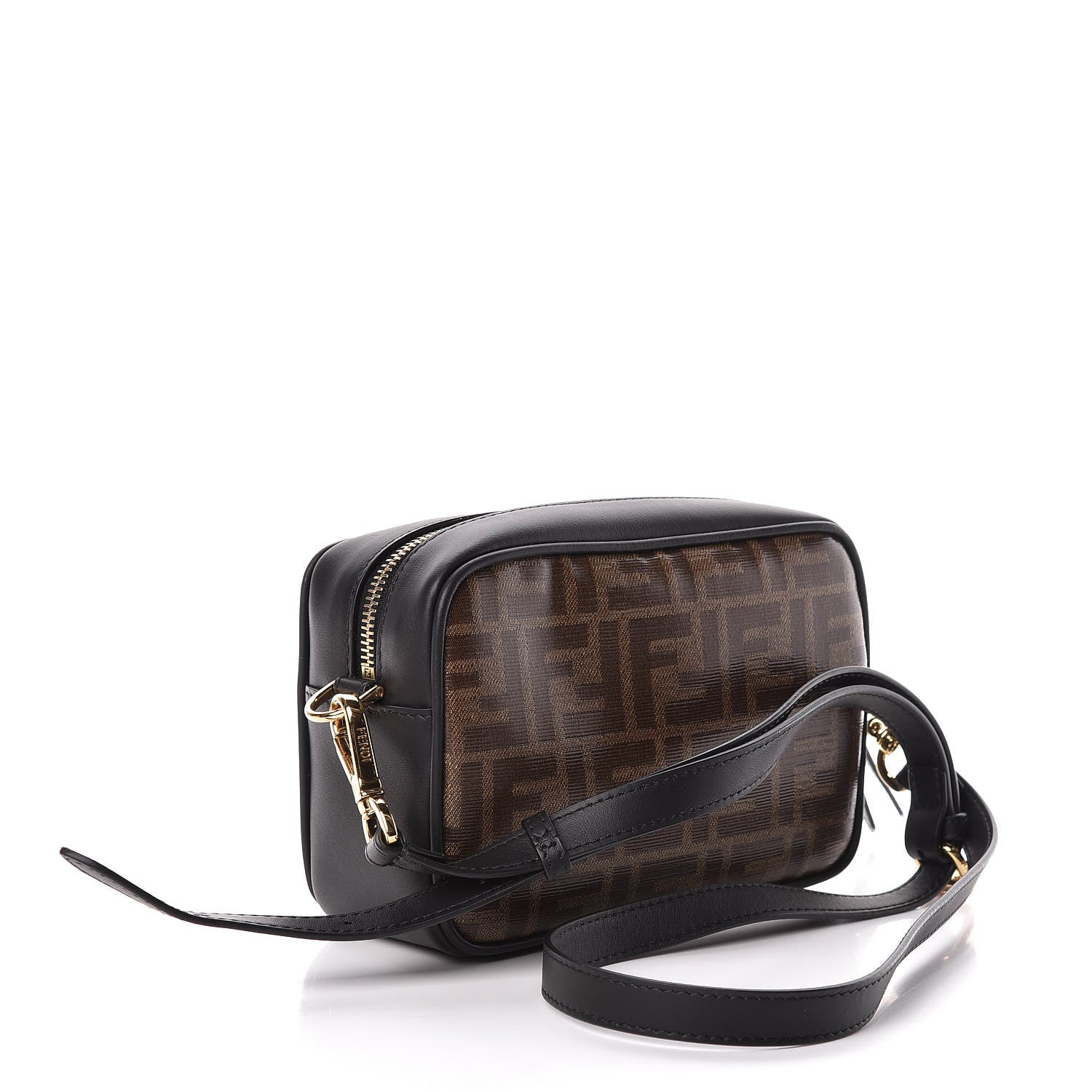 Fendi Glazed Fabric Vitello Century FF 1974 Stamp Patch Mini Camera Case Mogano Panna Black 3 of 11