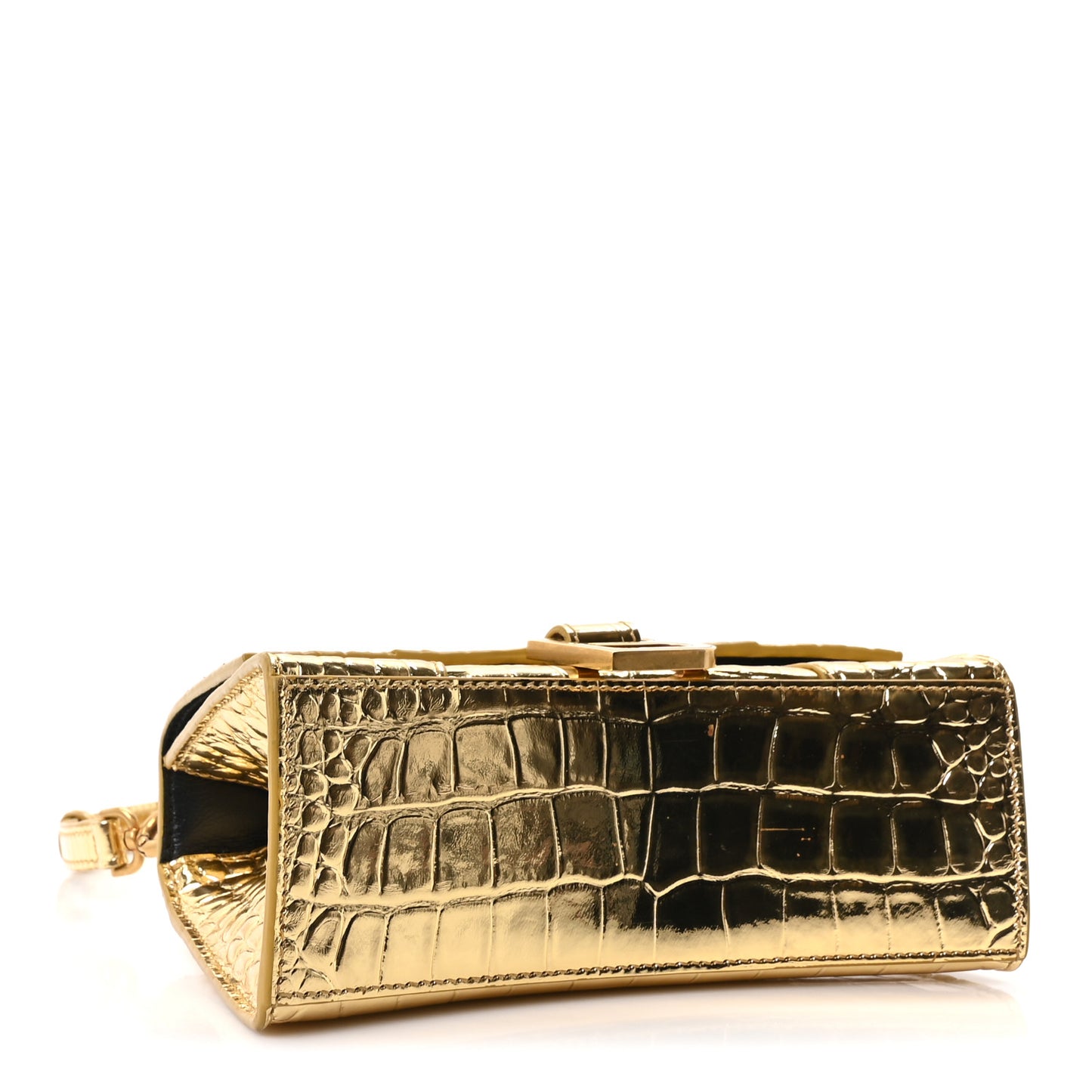 Metallic Calfskin Crocodile Embossed Hourglass Top Handle Bag XS Gold