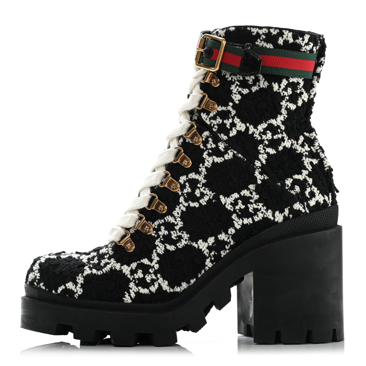 Tweed GG Monogram Lace Up Combat Ankle Boots 39.5 Black