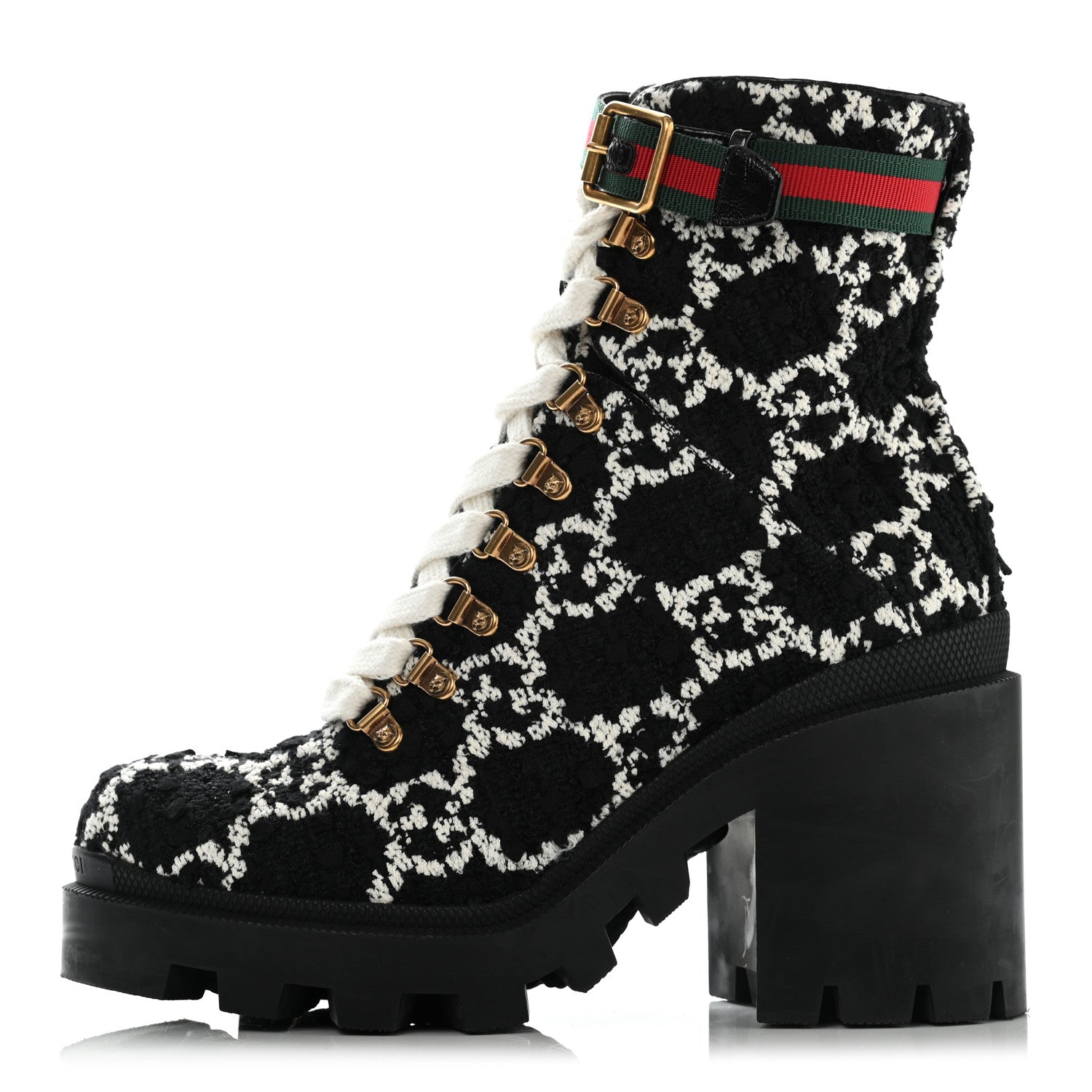Gucci Tweed GG Monogram Lace Up Combat Ankle Boots 39.5 Black 1 of 10