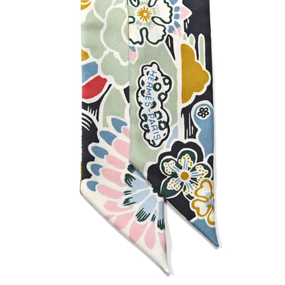 Hermes Silk Bingata Twilly Bleu Ciel Vert Rose 2 of 4