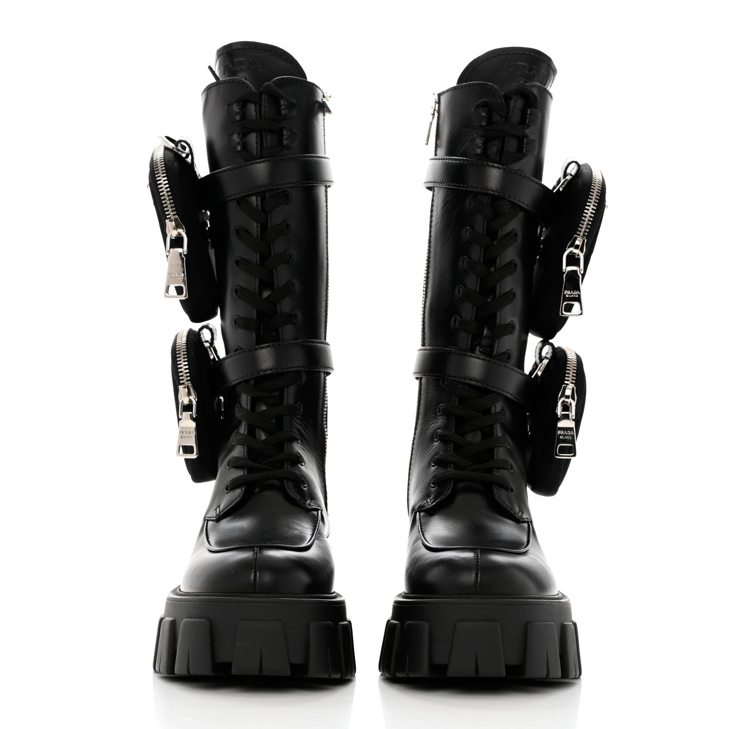 Prada Vitello Lux Nylon Metal Triangle Logo Monolith Pouch Pocket 55mm Tall Combat Boots 35 Black 2 of 10