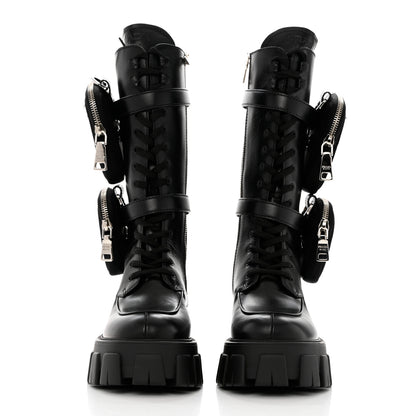 Prada Vitello Lux Nylon Metal Triangle Logo Monolith Pouch Pocket 55mm Tall Combat Boots 35 Black 2 of 10