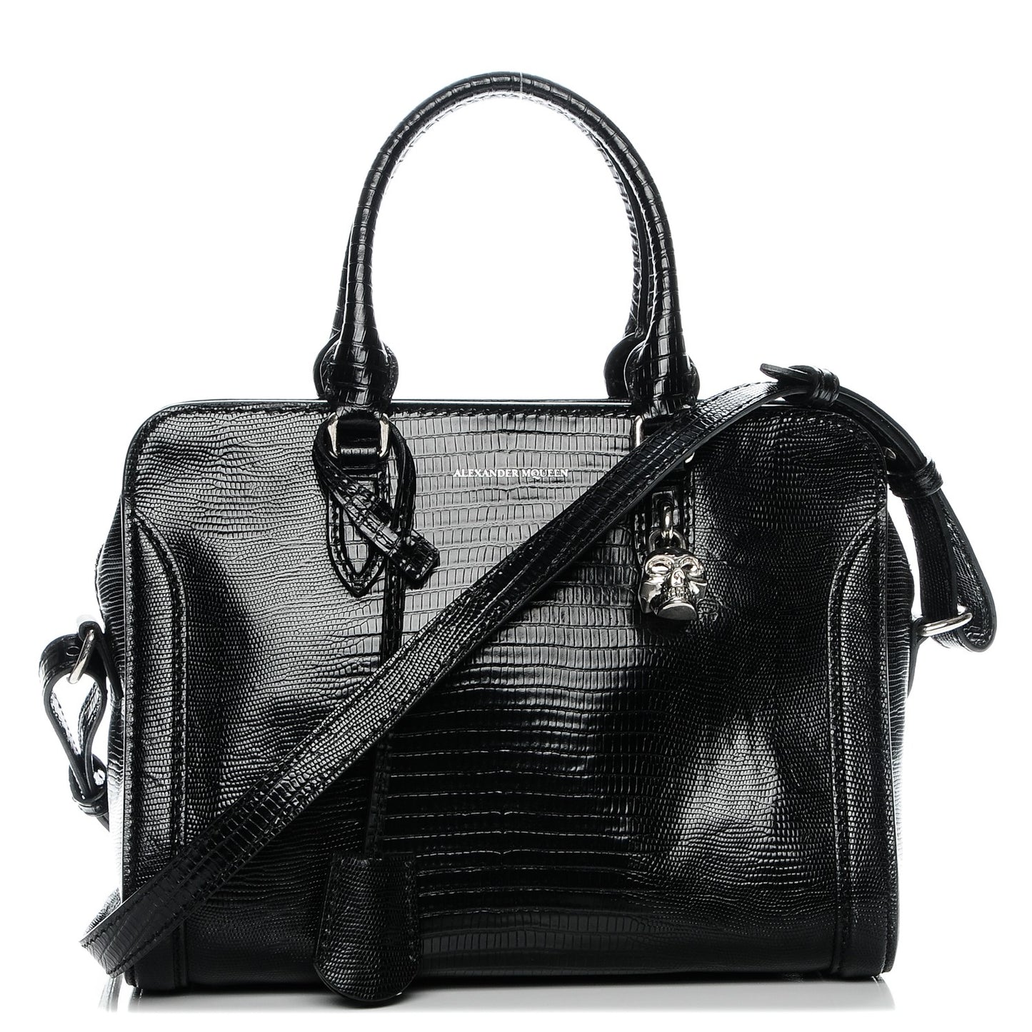 Calfskin Lizard Embossed Small Skull Padlock Zip Around Tote Black