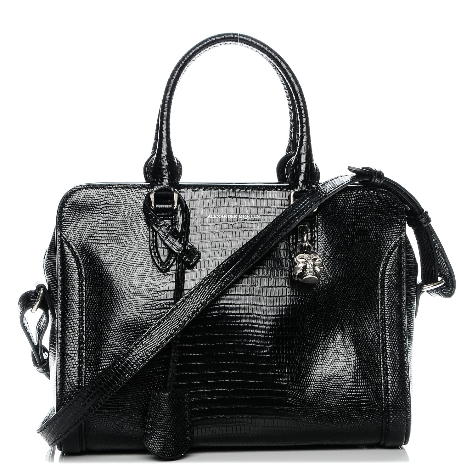 Alexander McQueen Calfskin Lizard Embossed Small Skull Padlock Zip Around Tote Black 1 of 7