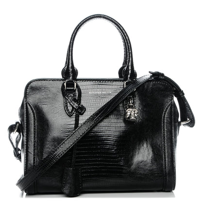 Alexander McQueen Calfskin Lizard Embossed Small Skull Padlock Zip Around Tote Black 1 of 7