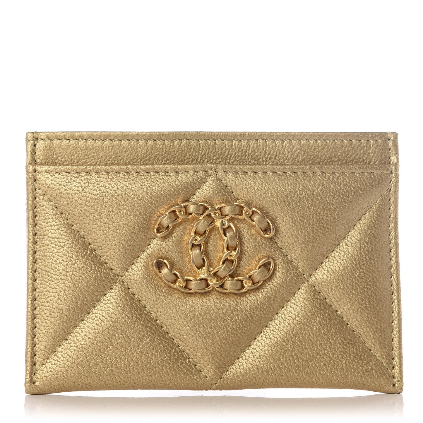 Metallic Goatskin Quilted Chanel 19 Card Holder Gold