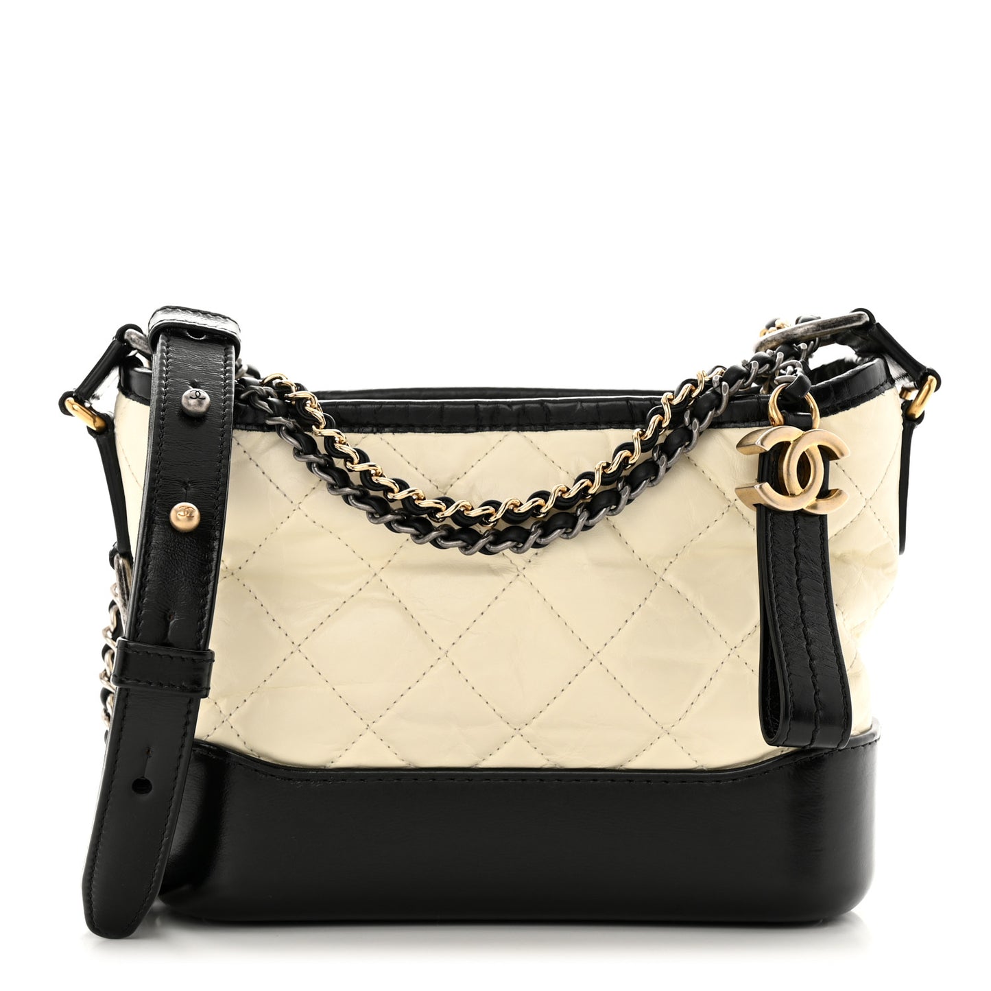 Aged Calfskin Quilted Small Gabrielle Hobo Black White